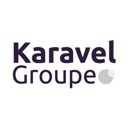 Karavel Groupe logo with stylized purple text and a small geometric shape.