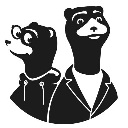 Black and white illustration of two otters dressed in human clothing, one in a hoodie and the other in a collared jacket.