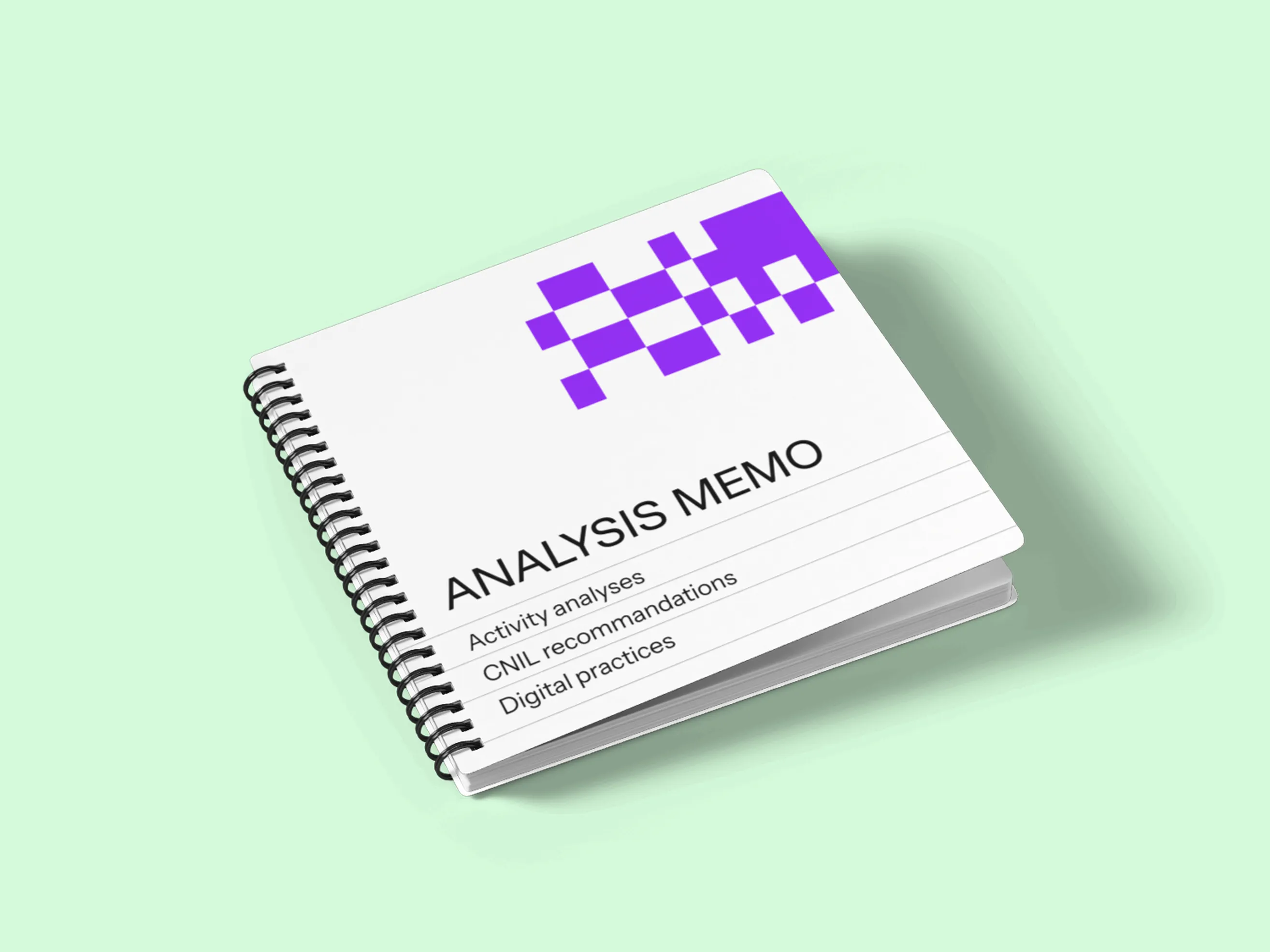 White spiral notebook titled 'ANALYSIS MEMO' with purple pixelated design, listing activity analyses, CNIL recommandations, and digital practices.