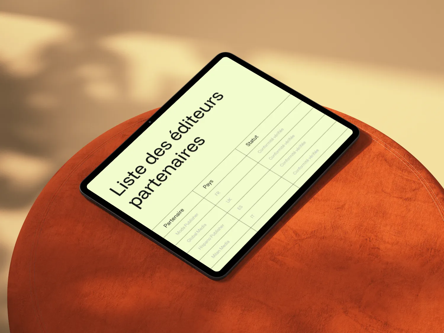 Tablet on a round orange surface displaying a partner publisher list table with country codes and status.