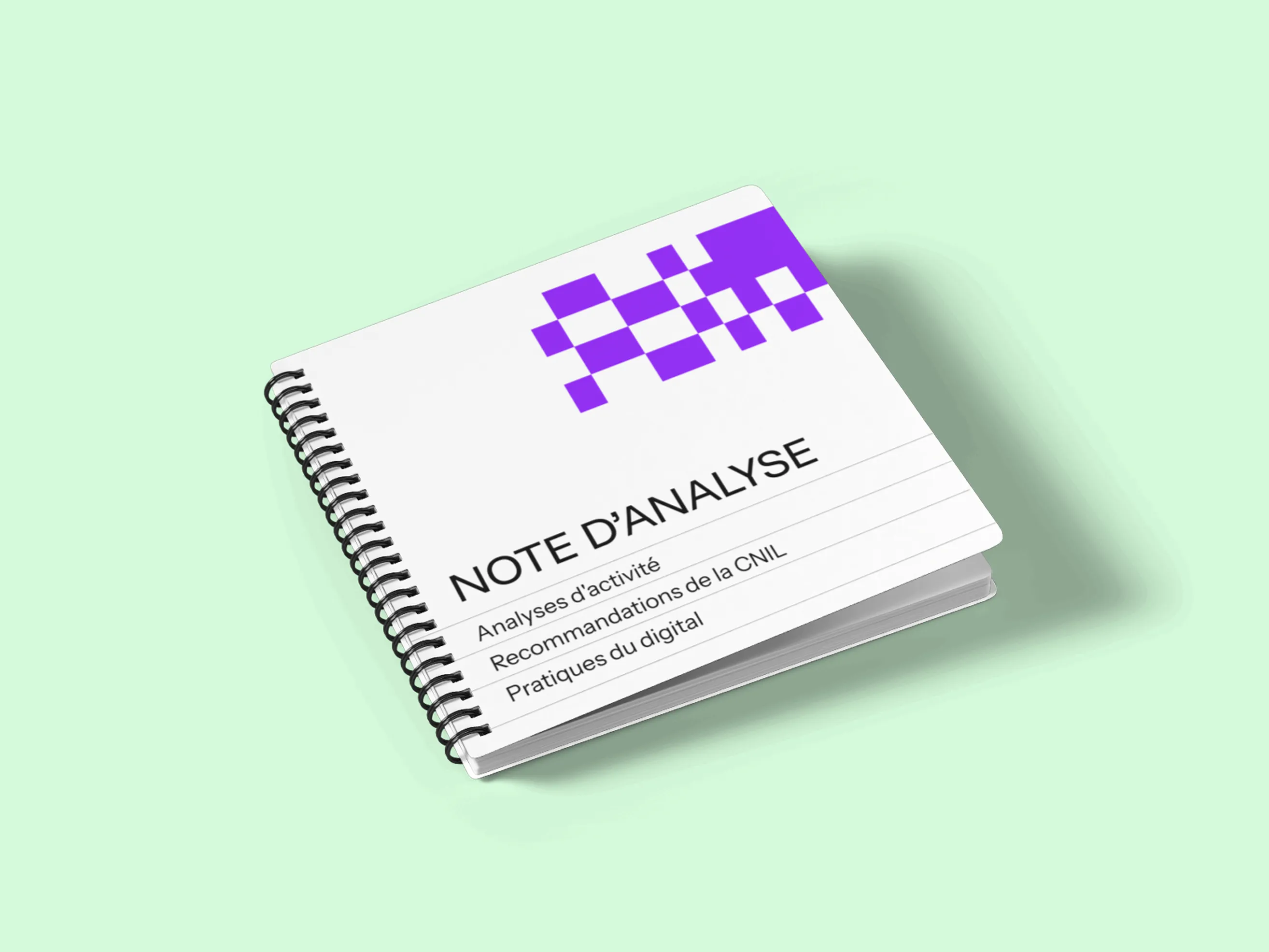 Spiral-bound notebook titled 'NOTE D’ANALYSE' with sections for activity analysis, CNIL recommendations, and digital practices on a light green background.