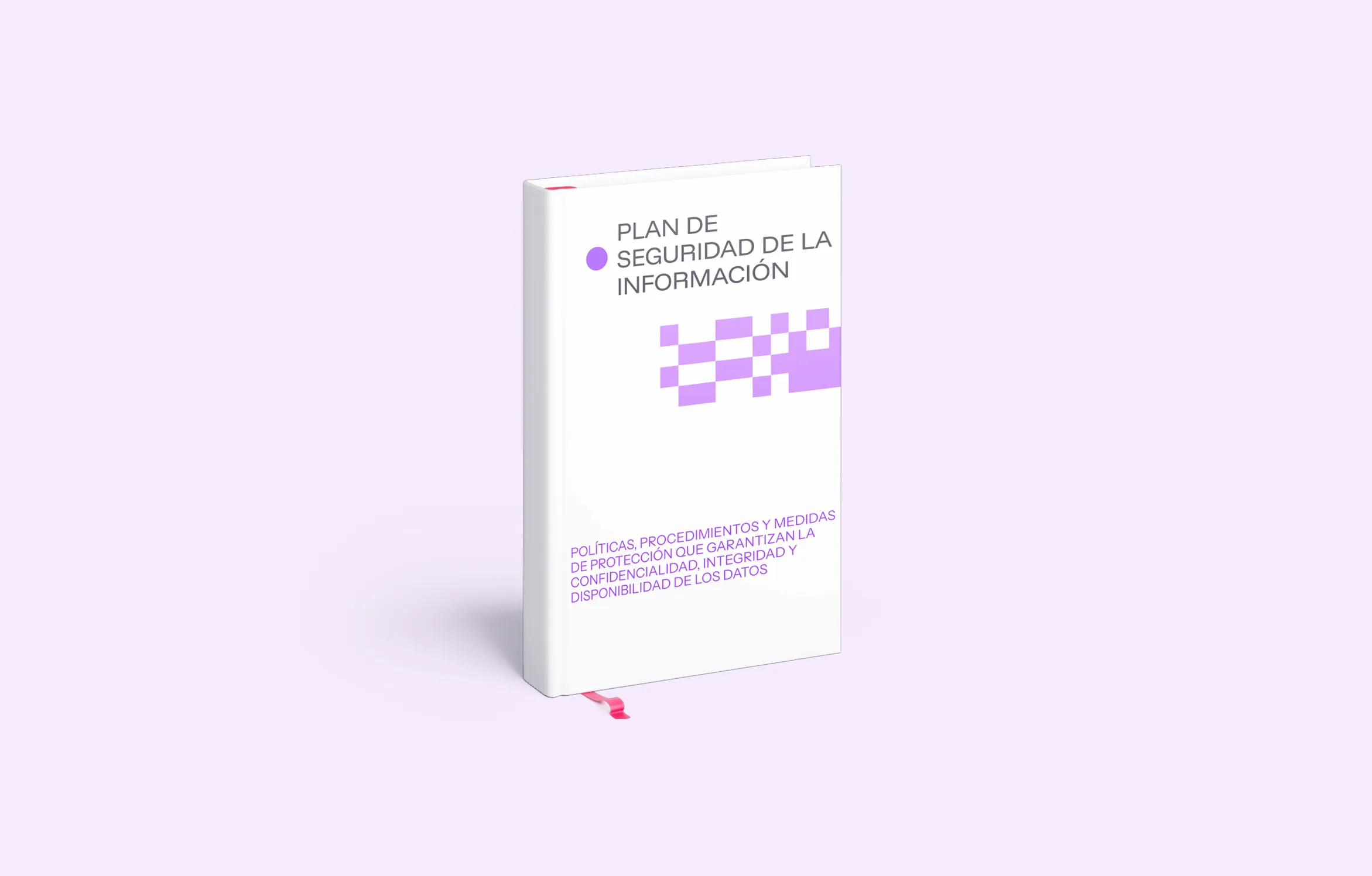 Book titled 'Plan de Seguridad de la Información' with a purple checkered design on the cover and a pink ribbon bookmark.