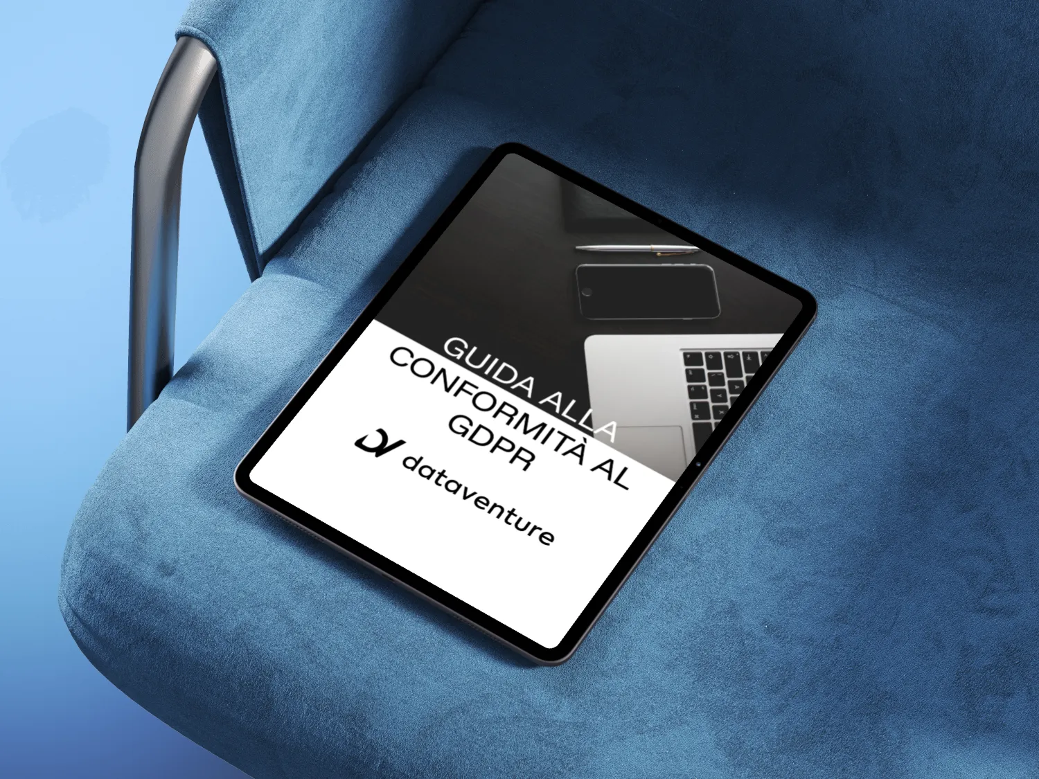 Tablet on a blue velvet chair displaying a guide titled 'Guida alla Conformità al GDPR' with Dataventure logo.