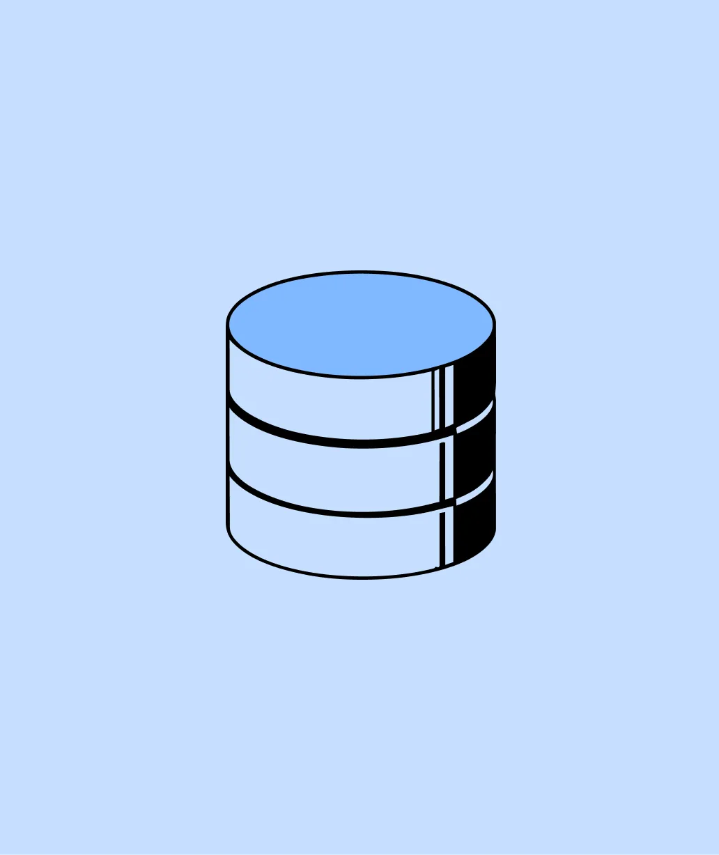 Blue database icon with three stacked cylindrical layers on light blue background.