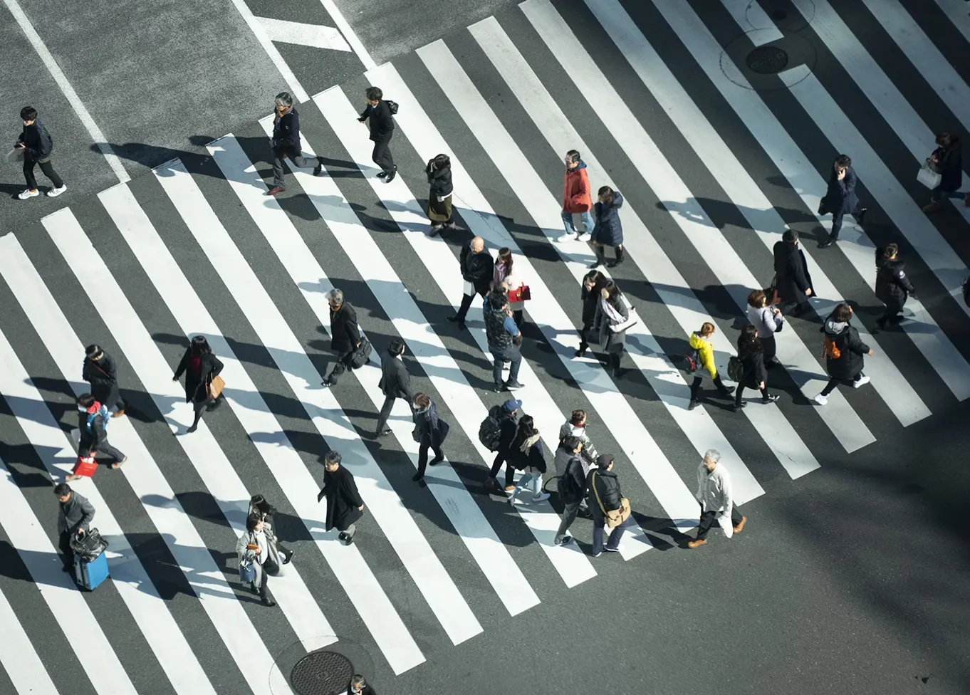 Overhead view of diverse pedestrians crossing a wide striped crosswalk on a sunny day.