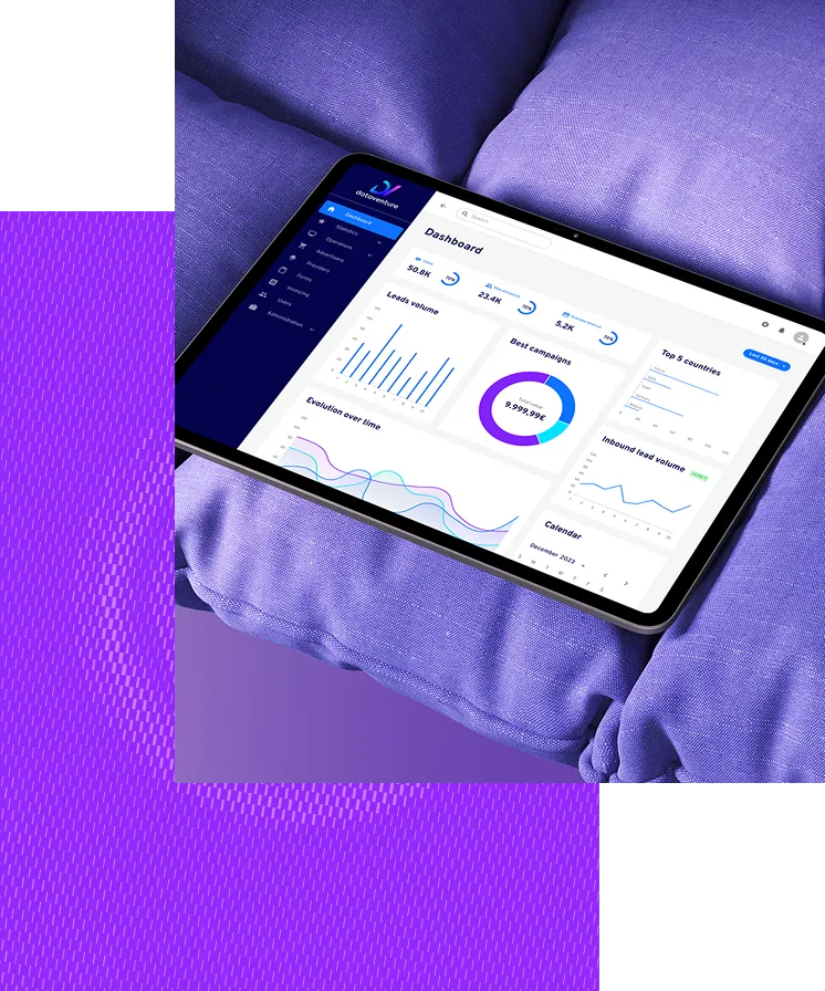 Tablet displaying a dashboard with charts for leads volume, best campaigns, top 5 countries, evolution over time, inbound lead volume, and a calendar, resting on purple cushions.