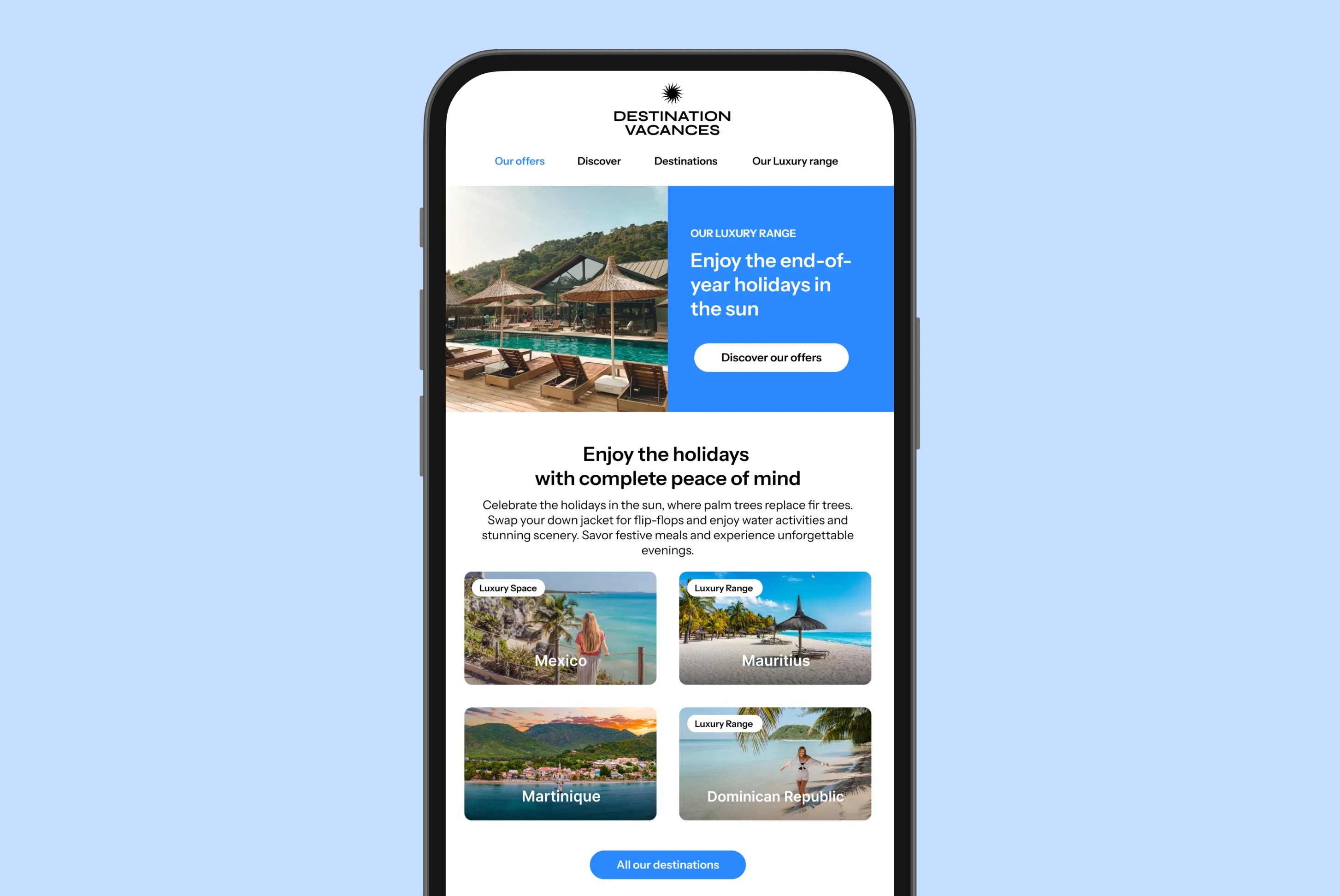 Mobile screen showing a vacation booking site with a poolside resort image, offers for Mexico, Mauritius, Martinique, and Dominican Republic, promoting luxury holiday destinations.