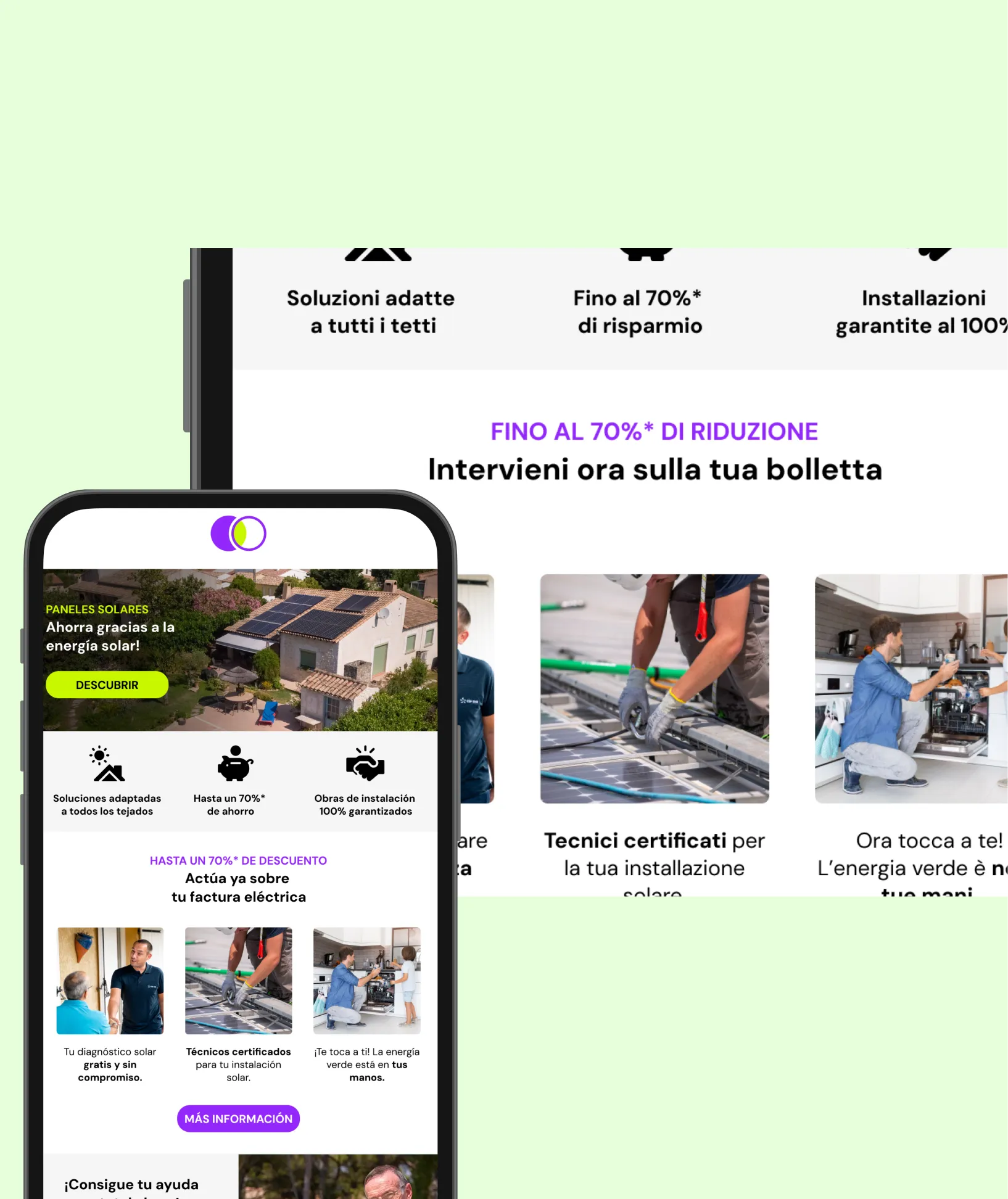 Smartphone screen displaying a solar energy ad in Spanish with images of certified technicians installing solar panels and promoting up to 70% discount on electricity bills.