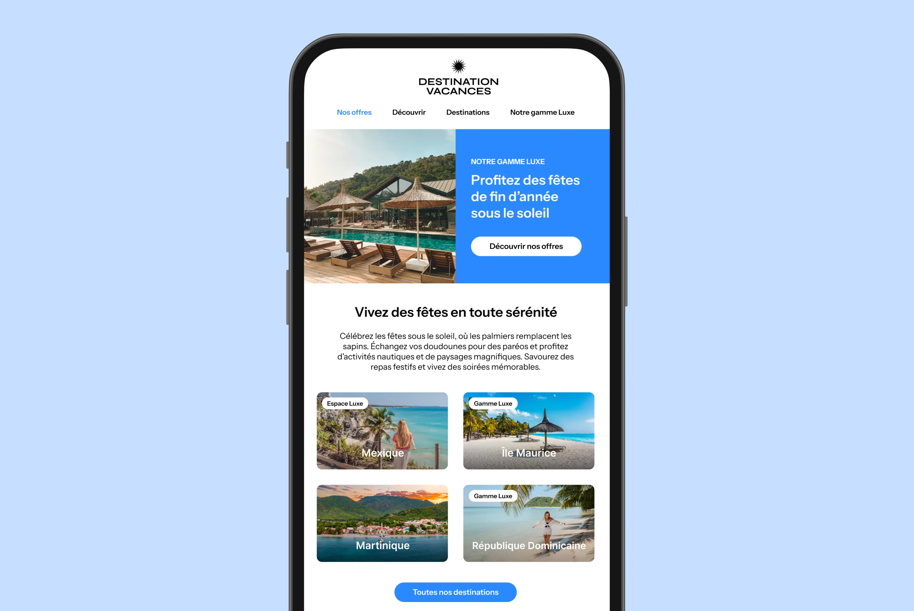 Mobile screen showing a luxury vacation offer with a pool, sun loungers, and tropical destinations: Mexico, Mauritius, Martinique, and the Dominican Republic.