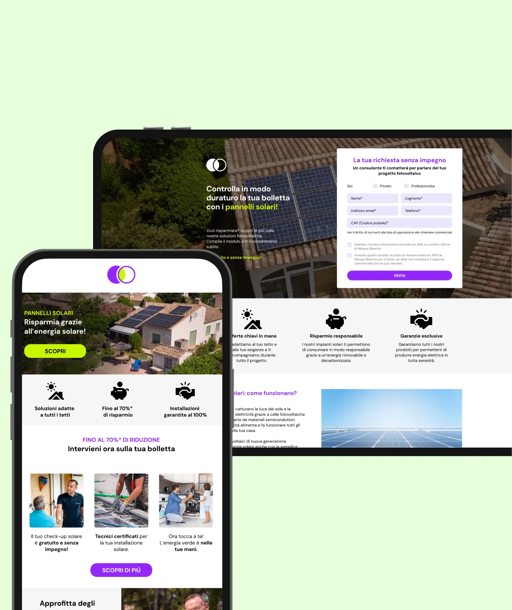 Website homepage showcasing solar panel solutions with a rooftop solar panel image, an inquiry form, benefits icons, and solar savings information.