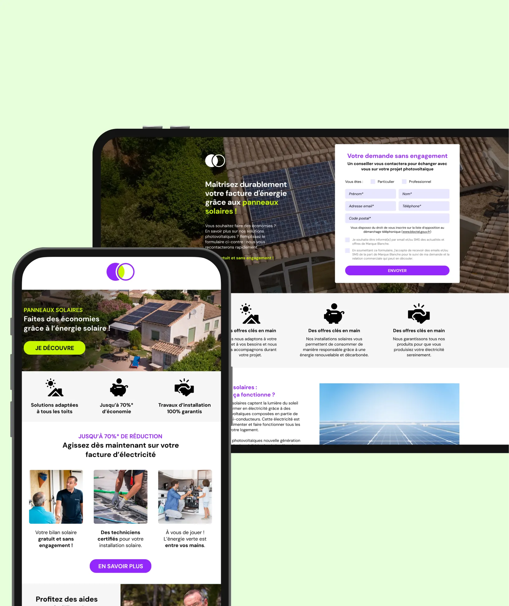 Screens showing a solar energy website with images of houses with solar panels, benefits of solar power, certified technicians, and a contact form for photovoltaic project inquiries.