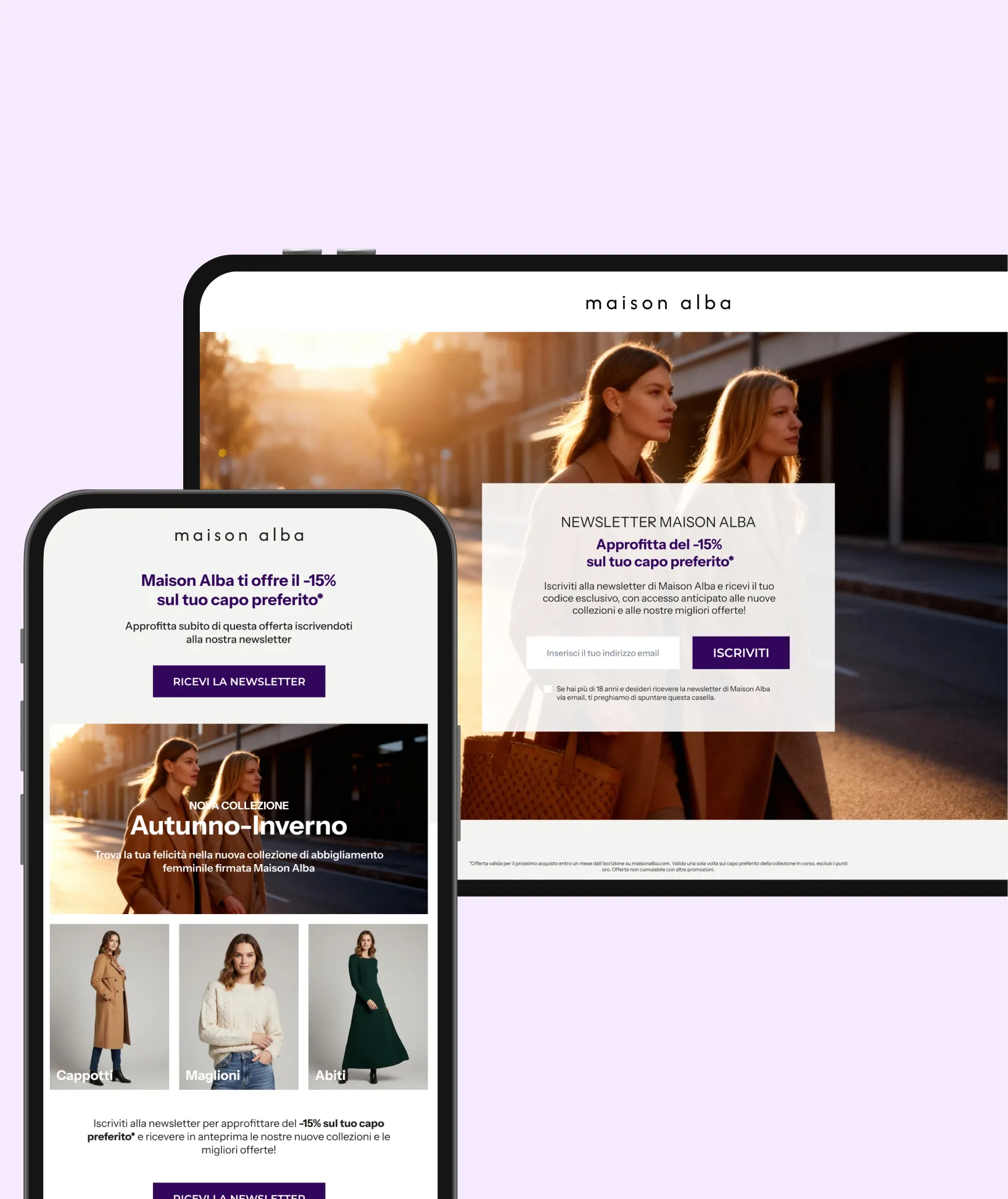 Digital newsletter signup for Maison Alba offering 15% off favorite item, showcasing autumn-winter collection with images of coats, sweaters, and dresses.