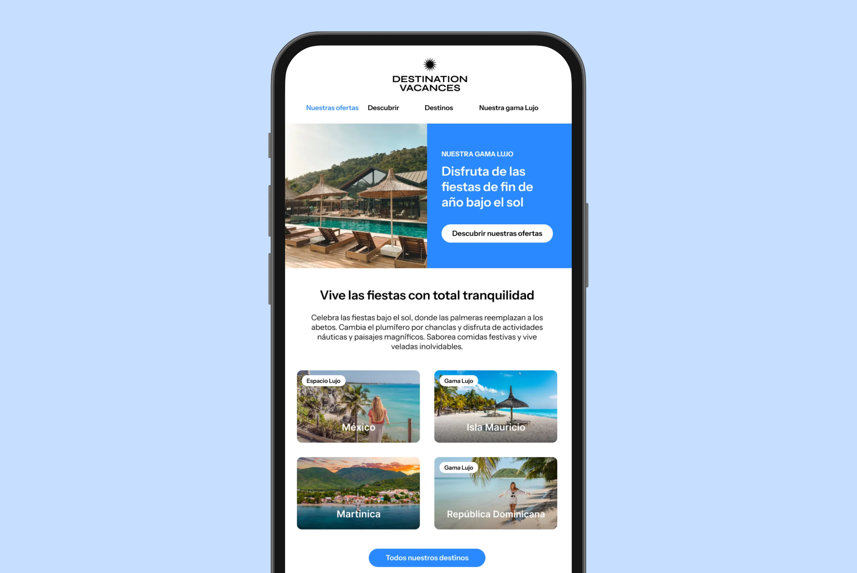 Mobile screen displaying Destination Vacances website with luxury holiday offers, including vacation spots in Mexico, Isla Mauricio, Martinique, and the Dominican Republic.