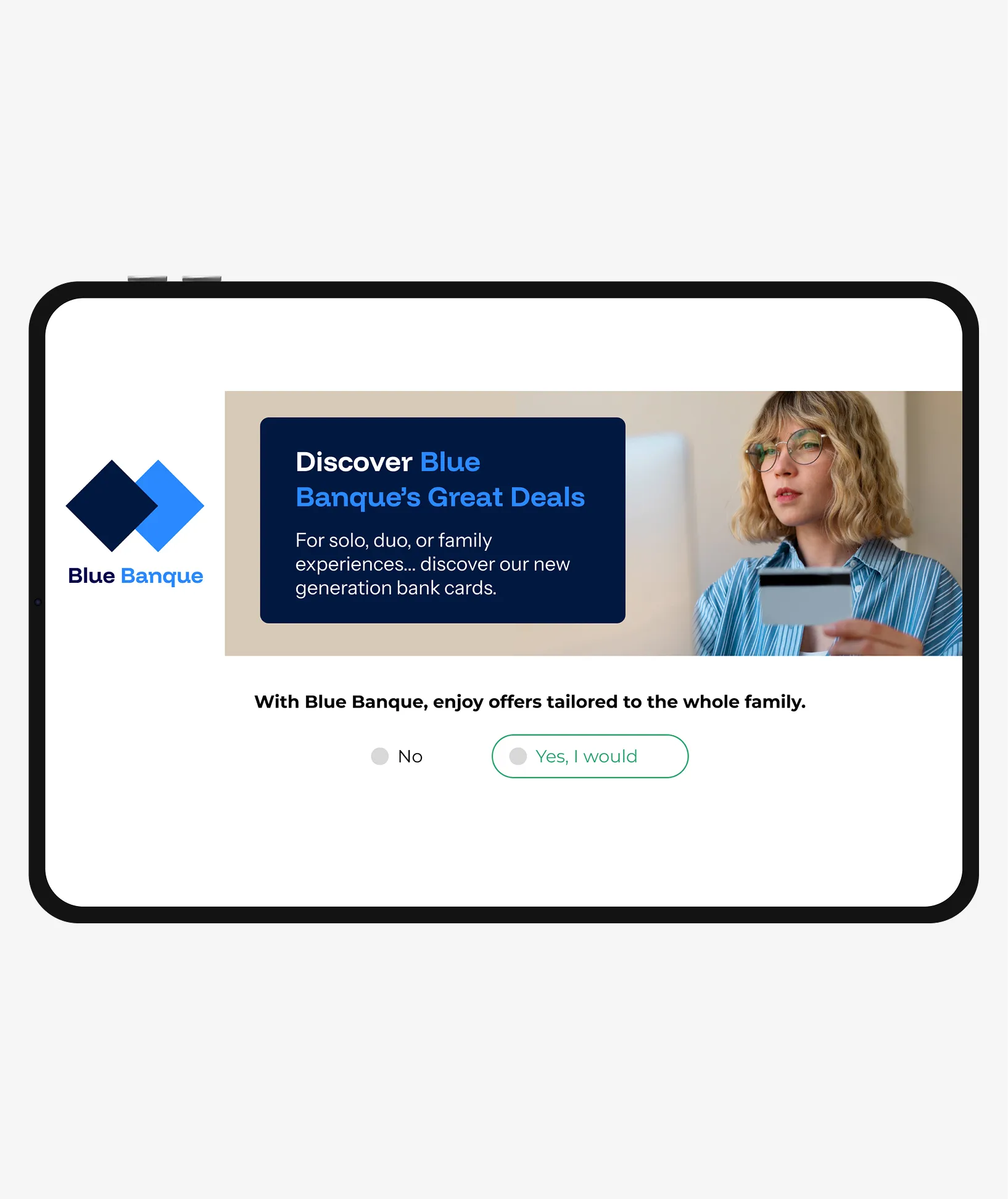 Tablet screen showing Blue Banque advertisement with a woman holding a bank card next to text promoting new generation bank cards for solo, duo, or family experiences.