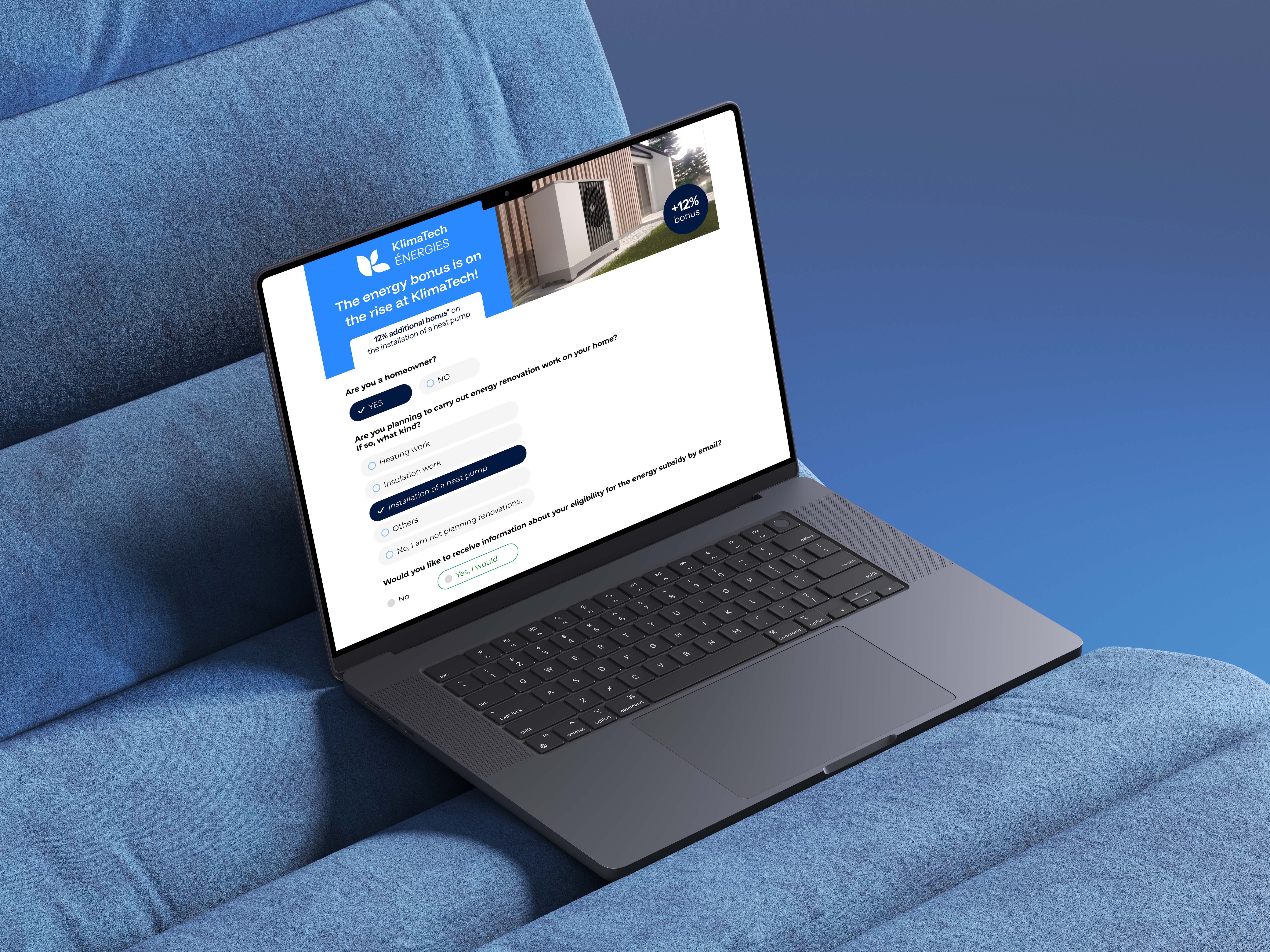 Laptop on a blue couch displaying an online energy bonus survey from KlimaTech Énergies about eligibility for a heat pump installation bonus.