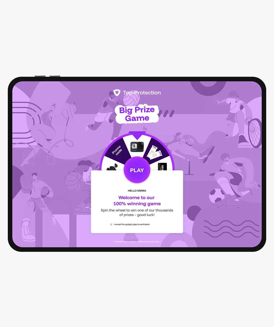 Tablet screen showing a 'Big Prize Game' wheel with a play button and instructions to spin the wheel to win prizes, surrounded by illustrated athletes in various sports.