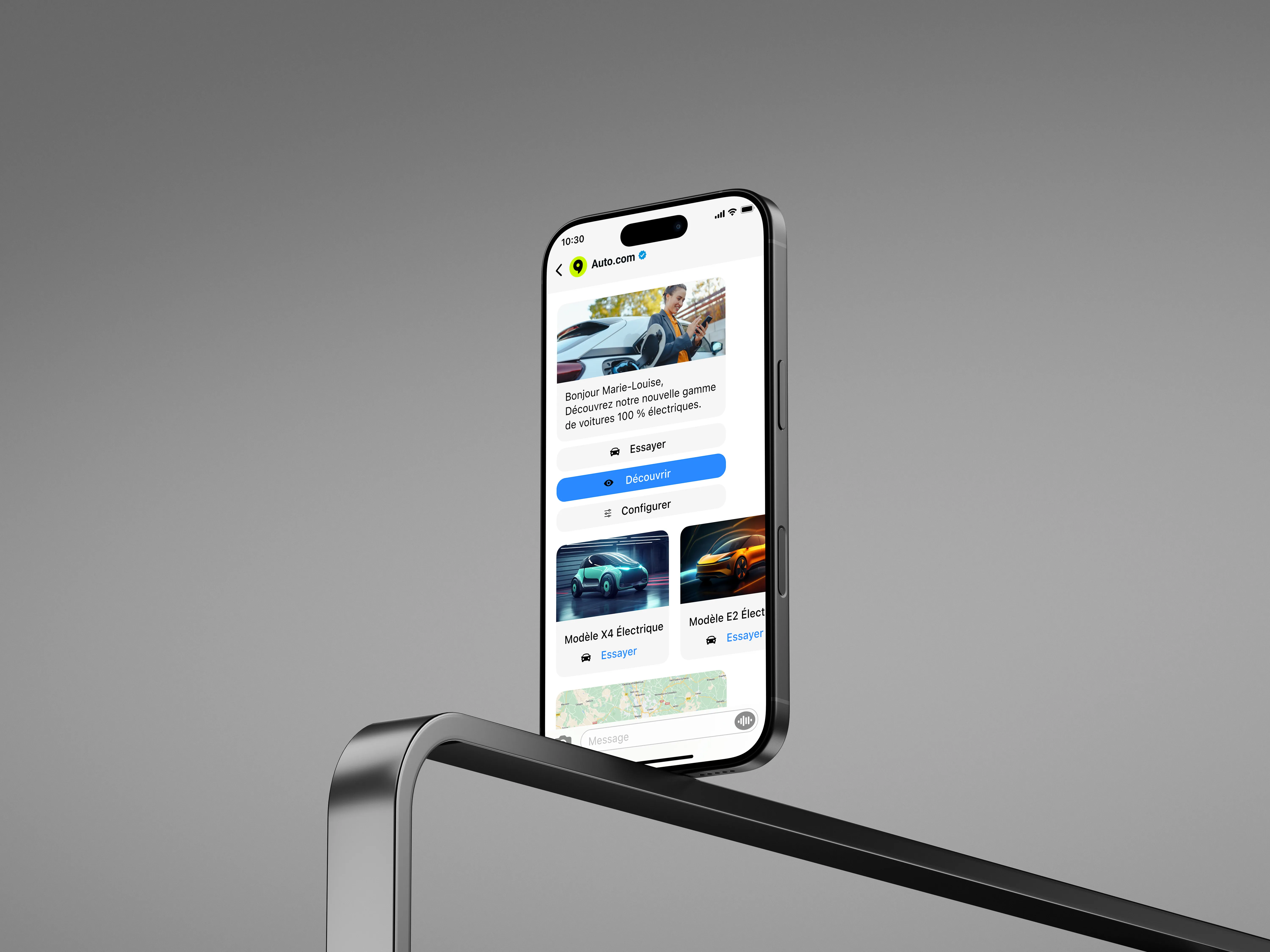 Smartphone displaying an electric car sales app with options to try, discover, or configure models.