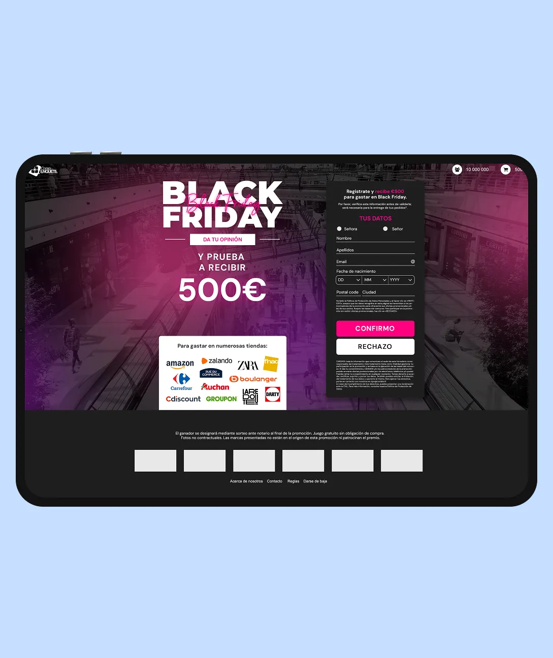Black Friday survey webpage on a tablet promoting a chance to win 500 euros with a form to enter personal information and logos of participating stores.
