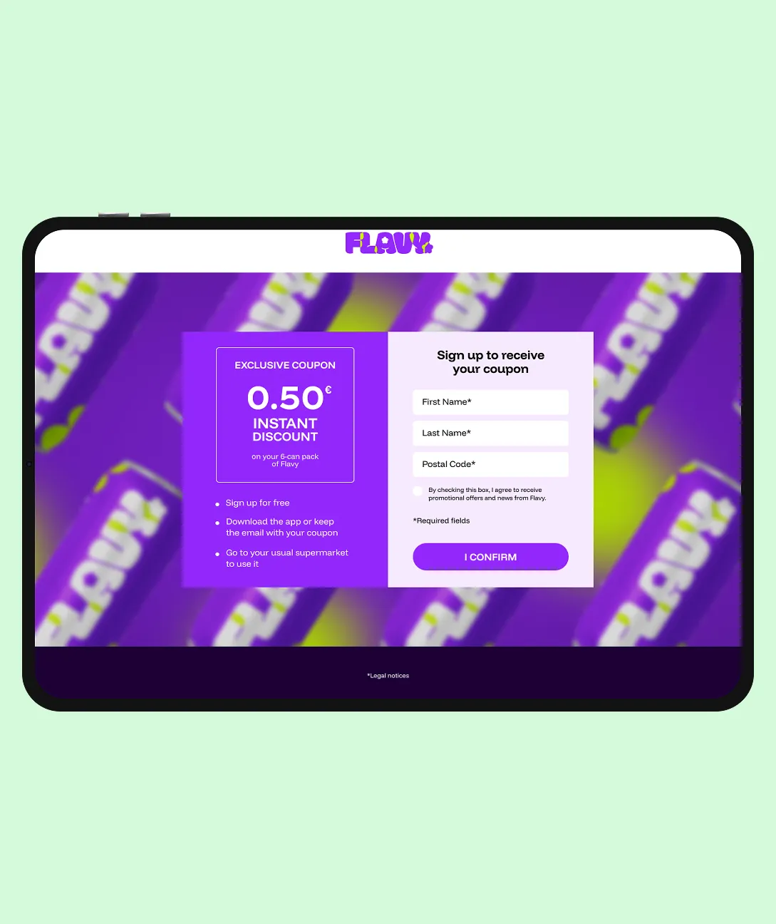 Tablet screen showing Flavy e-coupon offering 0.50€ instant discount on 6-can pack with sign-up form for first name, last name, and postal code.