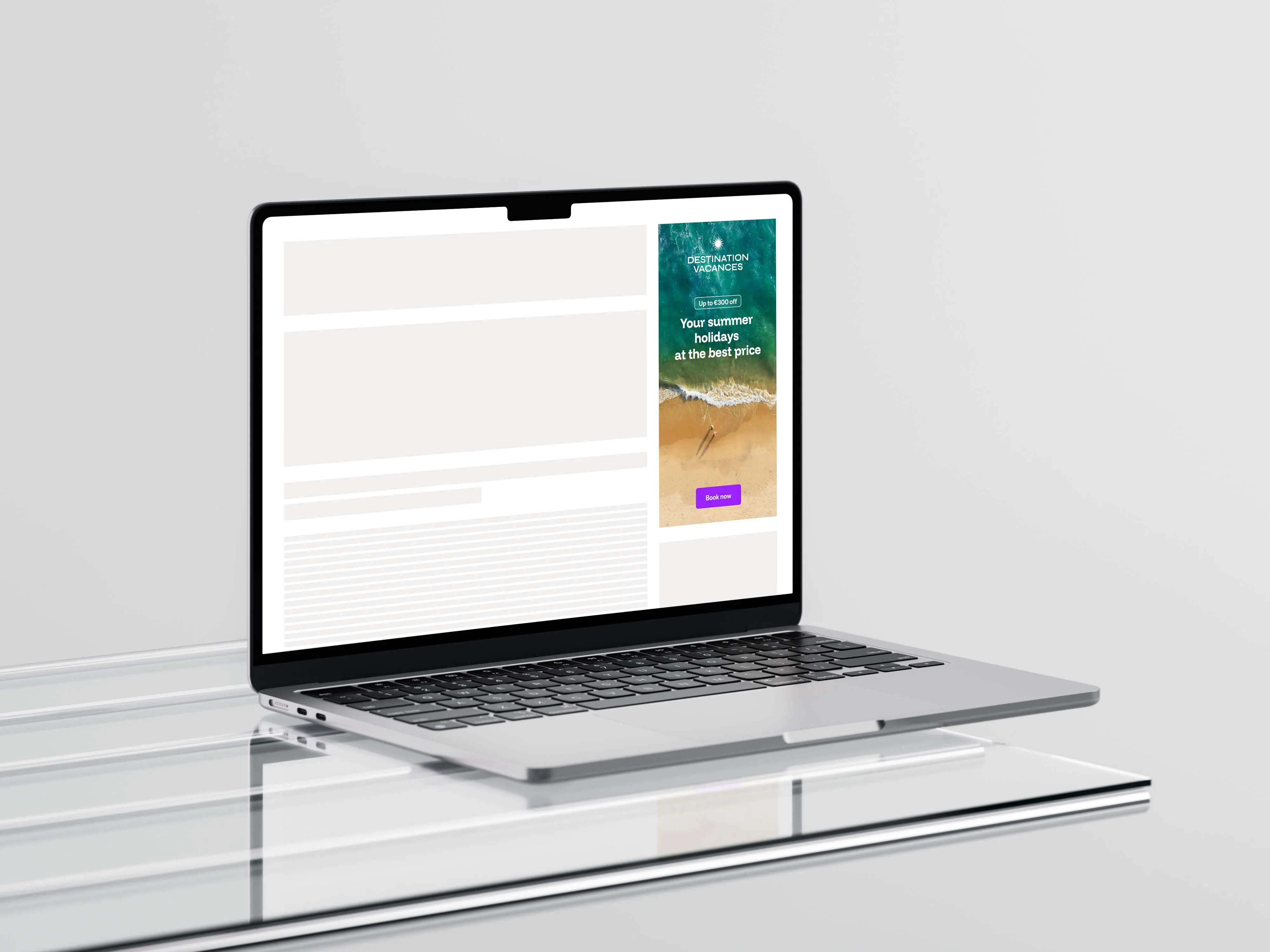 Open laptop on clear glass table displaying a webpage with a beach-themed vertical banner ad for summer holiday discounts.