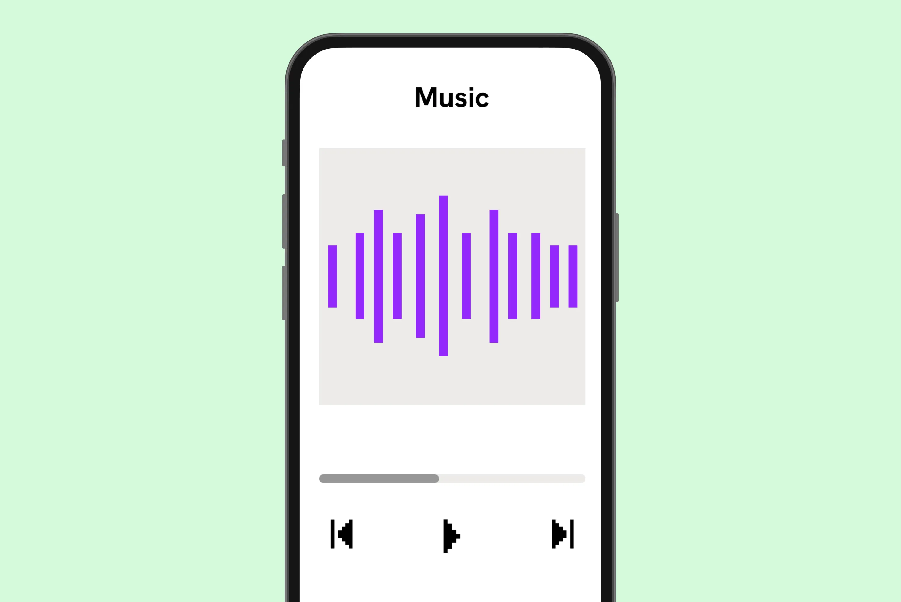 Smartphone screen displaying a music player interface with a purple soundwave, progress bar, and playback controls on a light green background.