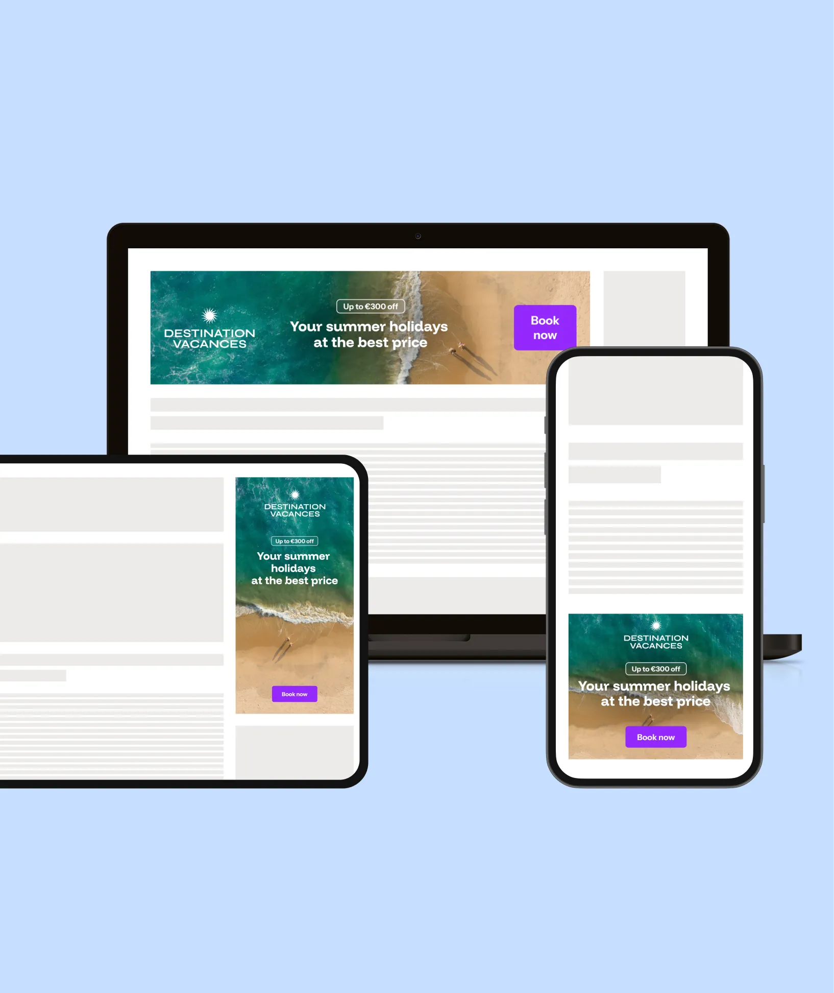 Digital advertisement for Destination Vacances showing a beach with turquoise water and sand, offering up to €300 off summer holidays with a purple 'Book now' button displayed on a laptop, tablet, and smartphone screen.