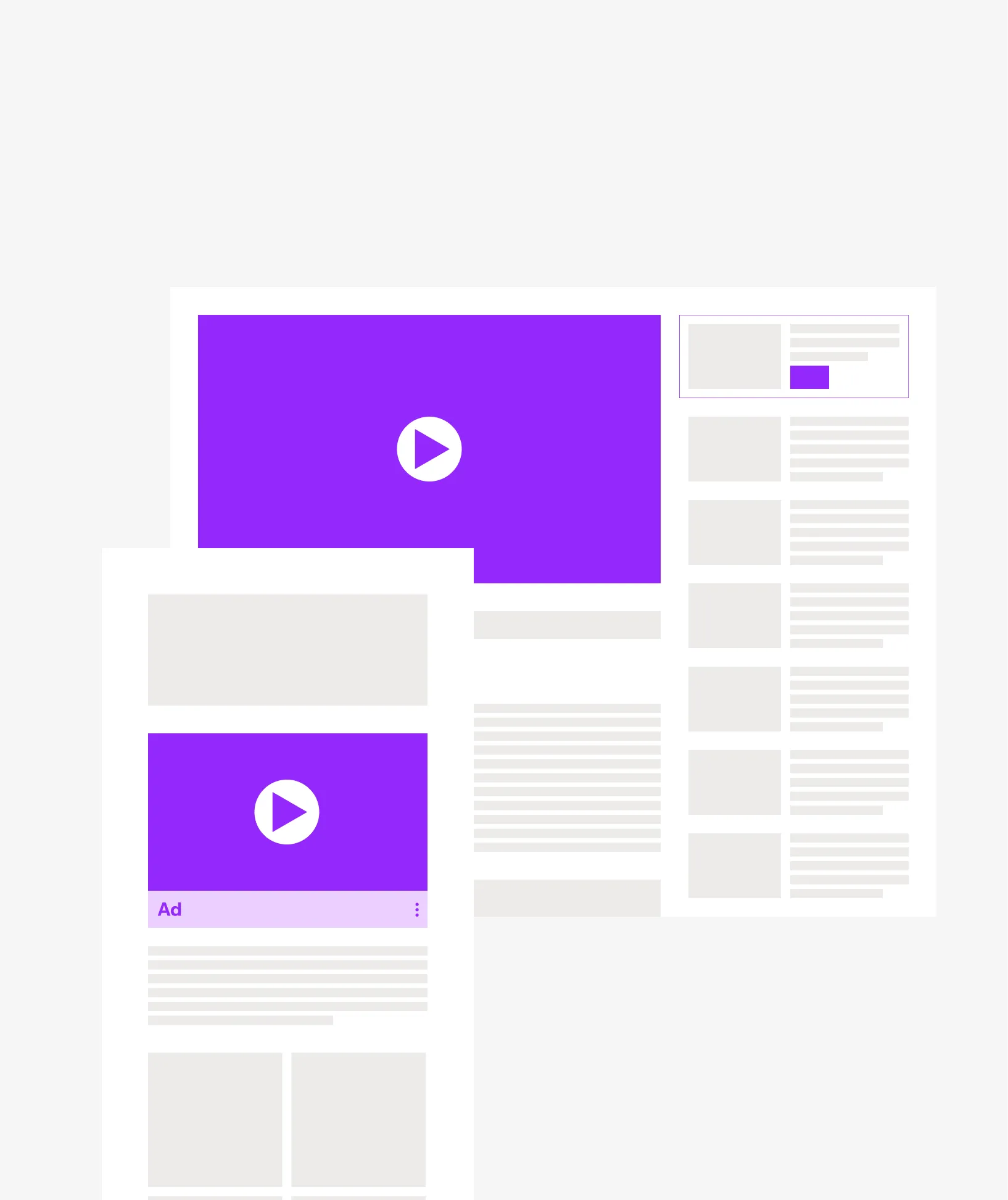 Abstract layout of a video streaming website with video thumbnails, play buttons, text blocks, and an advertisement marked 'Ad'.