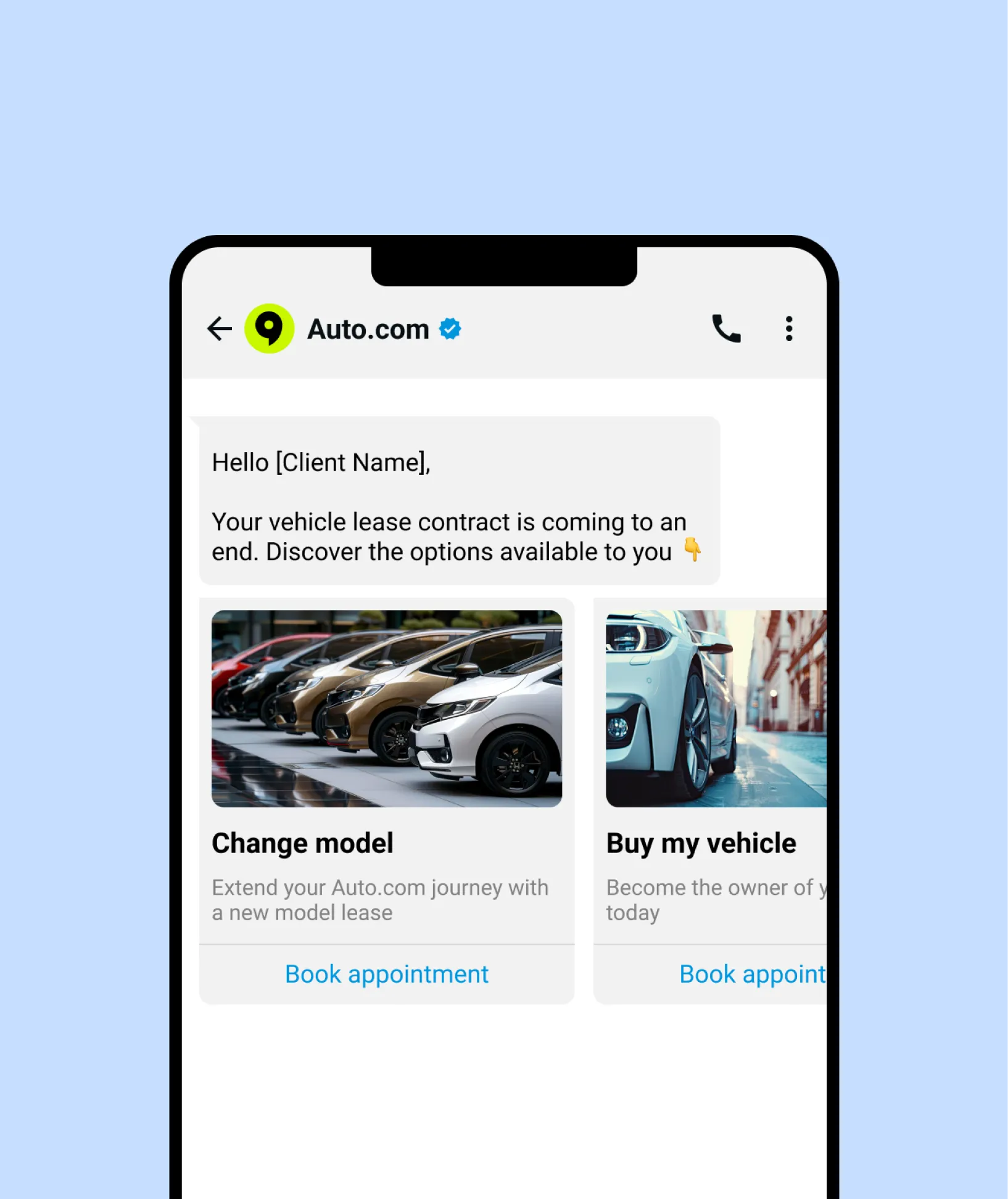 Chat message from Auto.com informing client about ending vehicle lease with options to change model or buy vehicle, including images of cars and book appointment links.