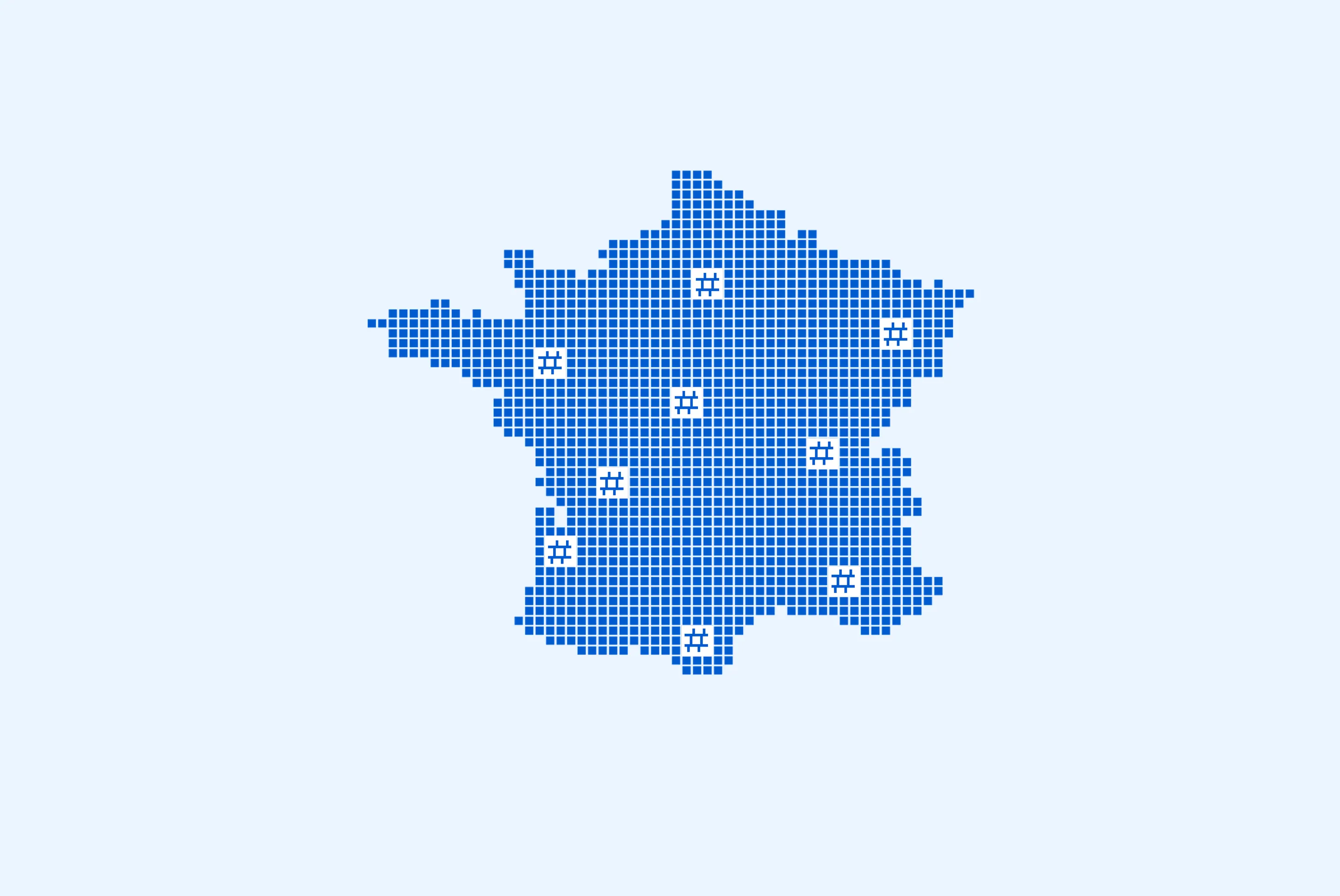 Pixelated map of France with nine marked locations using white square icons.