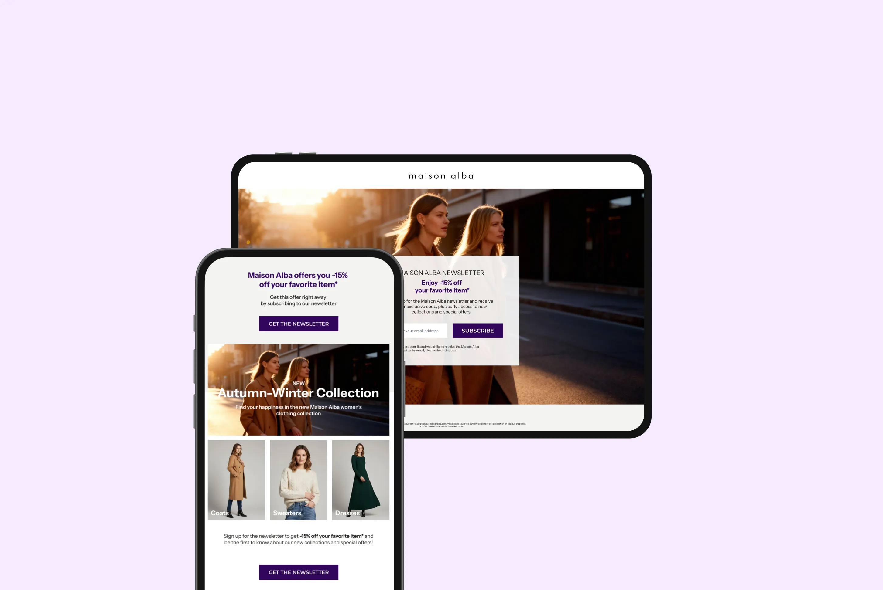 Tablet and smartphone displaying Maison Alba fashion website with a newsletter sign-up offering 15% off and images from the Autumn-Winter Collection including coats, sweaters, and dresses.