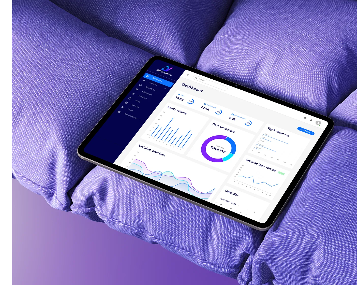 Tablet displaying a data analytics dashboard with graphs, charts, and statistics on a purple fabric background.