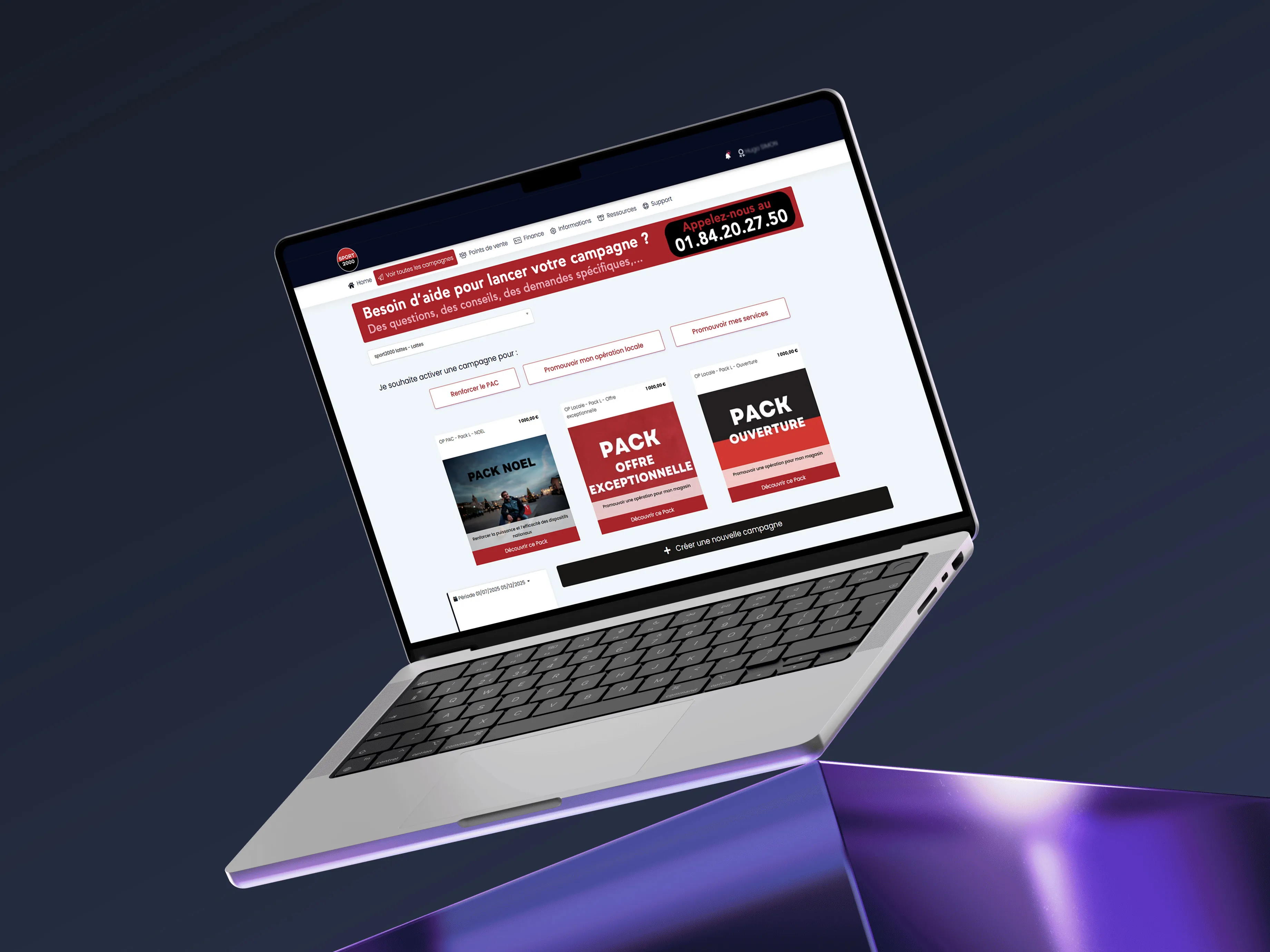 Open laptop displaying a campaign management webpage with options for promotional packs and support contact information.