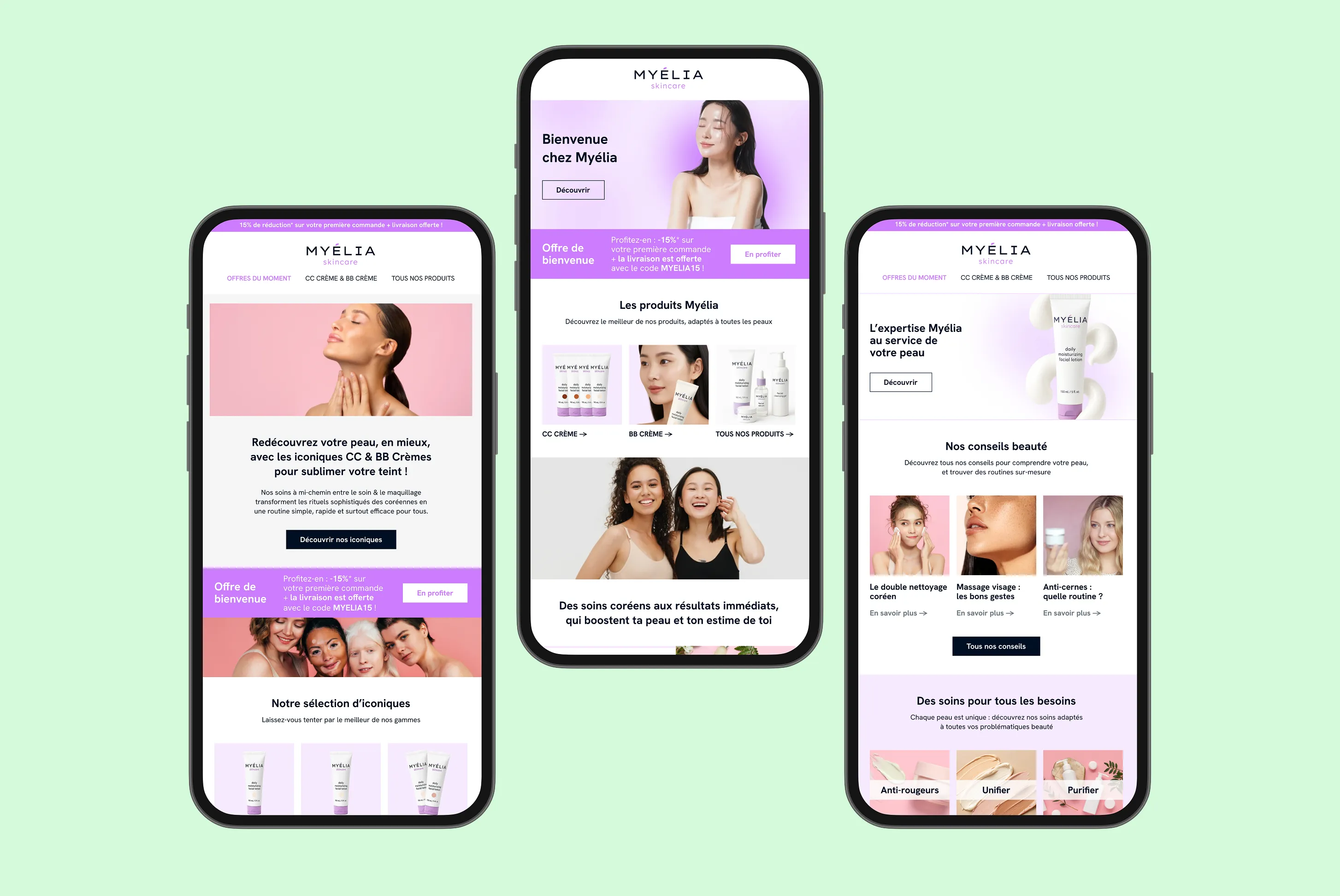 Three smartphones displaying different pages of Myélia skincare website, showcasing product promotions, images of models, product categories, beauty tips, and welcome offers.