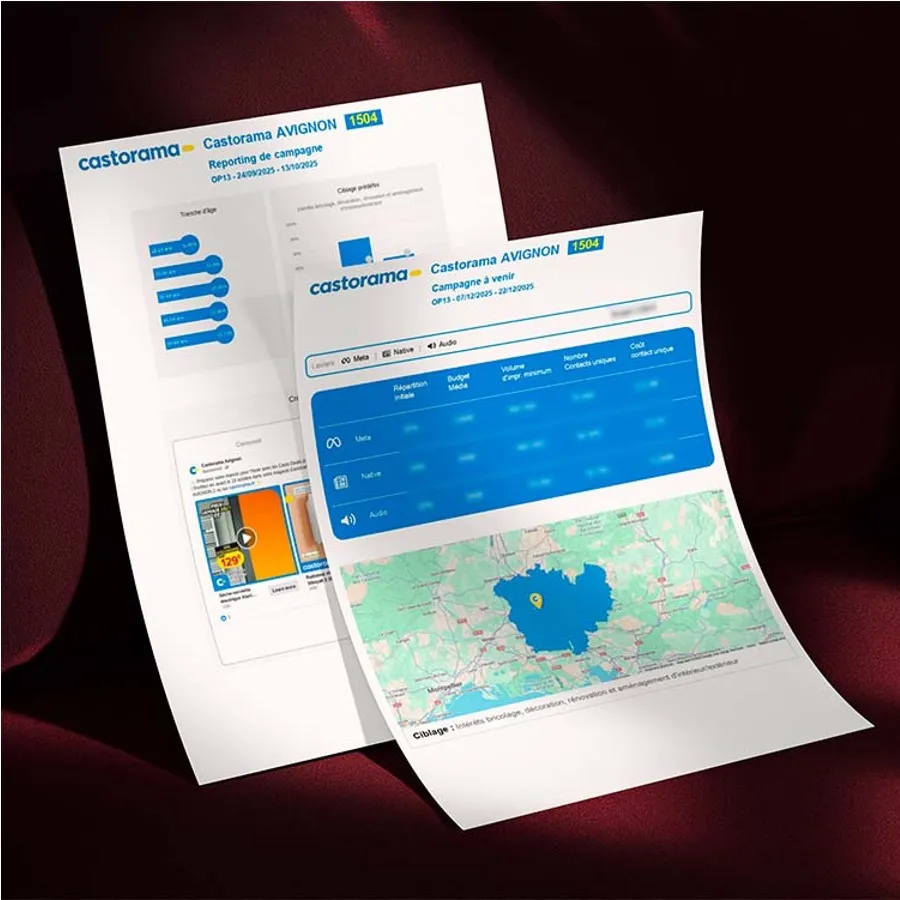 Two printed marketing reports for Castorama Avignon showing campaign data, graphs, and a map with a highlighted area.