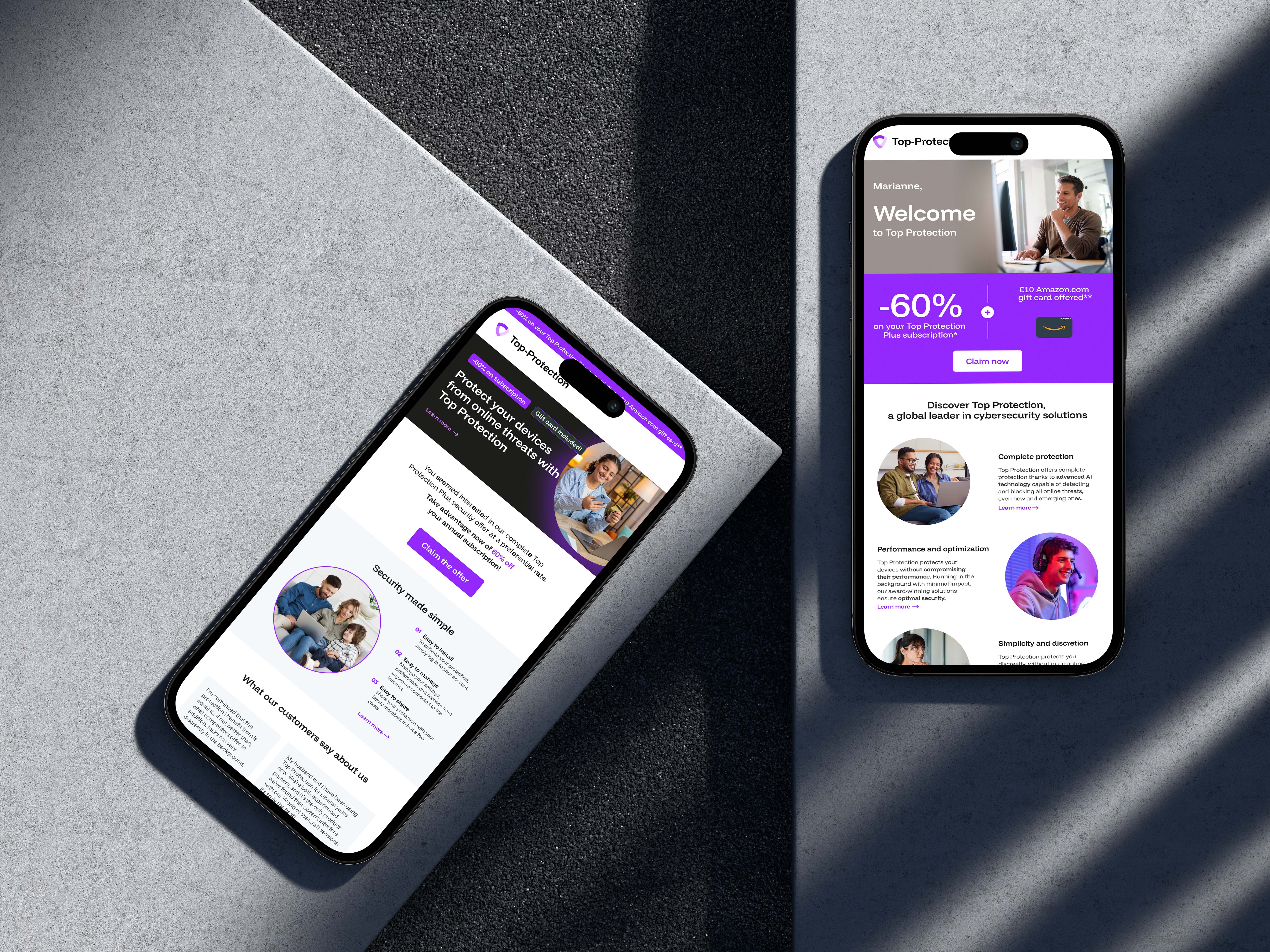 Two smartphones displaying promotional pages for Top Protection cybersecurity subscription with discounts and features.