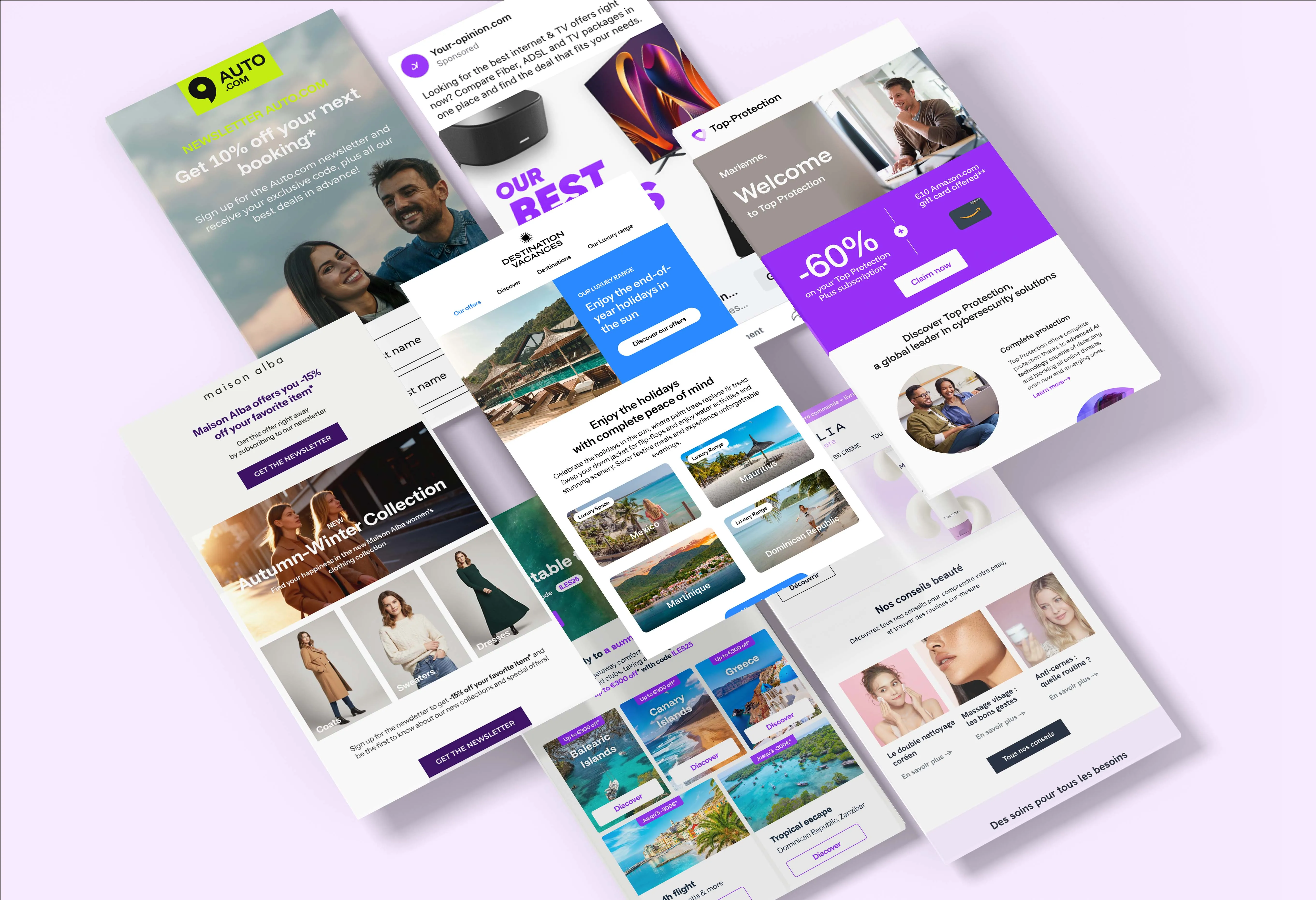 Collage of digital marketing newsletters for travel deals, fashion collections, cybersecurity discounts, and beauty tips.