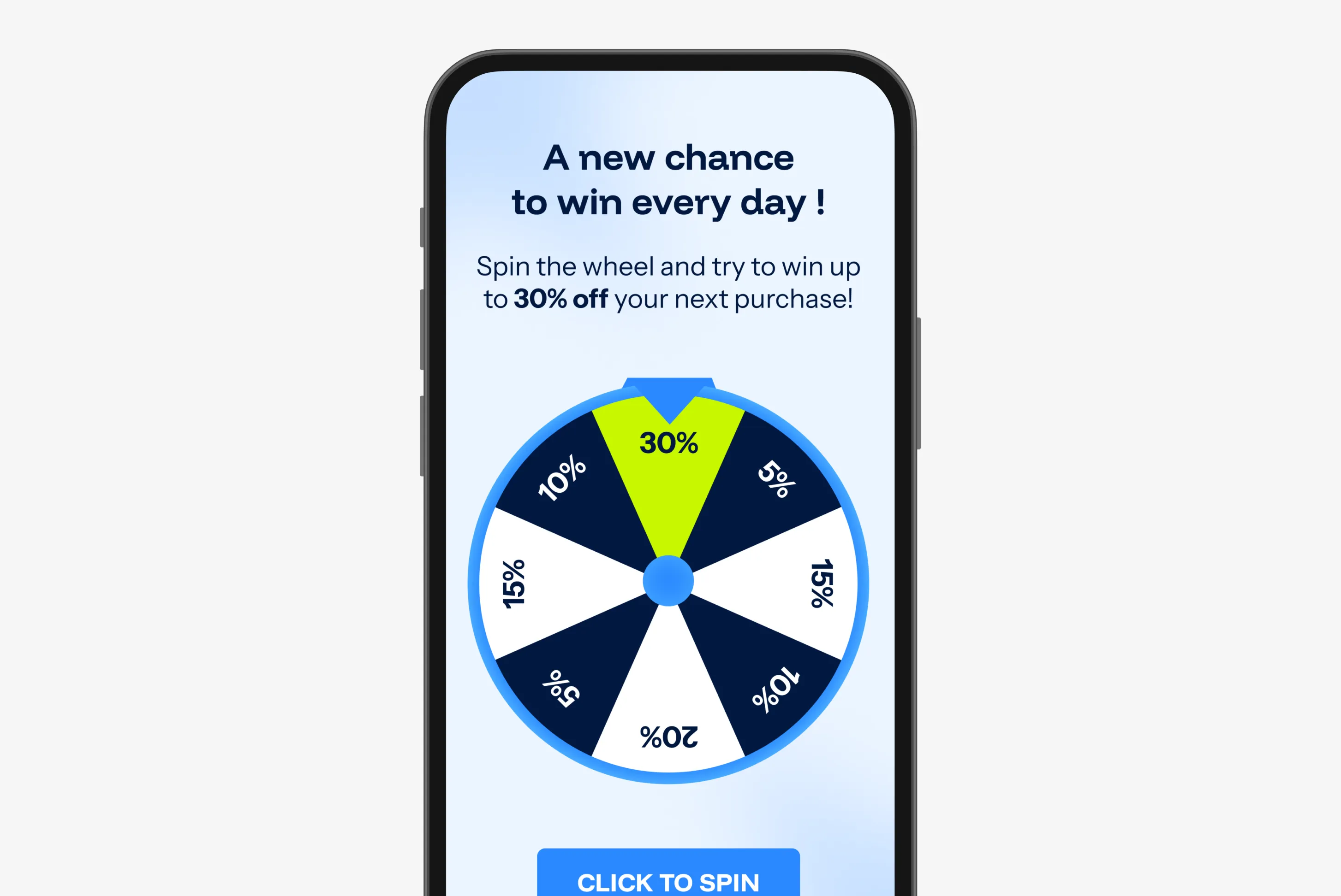 Mobile screen showing a prize wheel with discount percentages from 5% to 30% and text prompting to spin for a chance to win up to 30% off the next purchase.