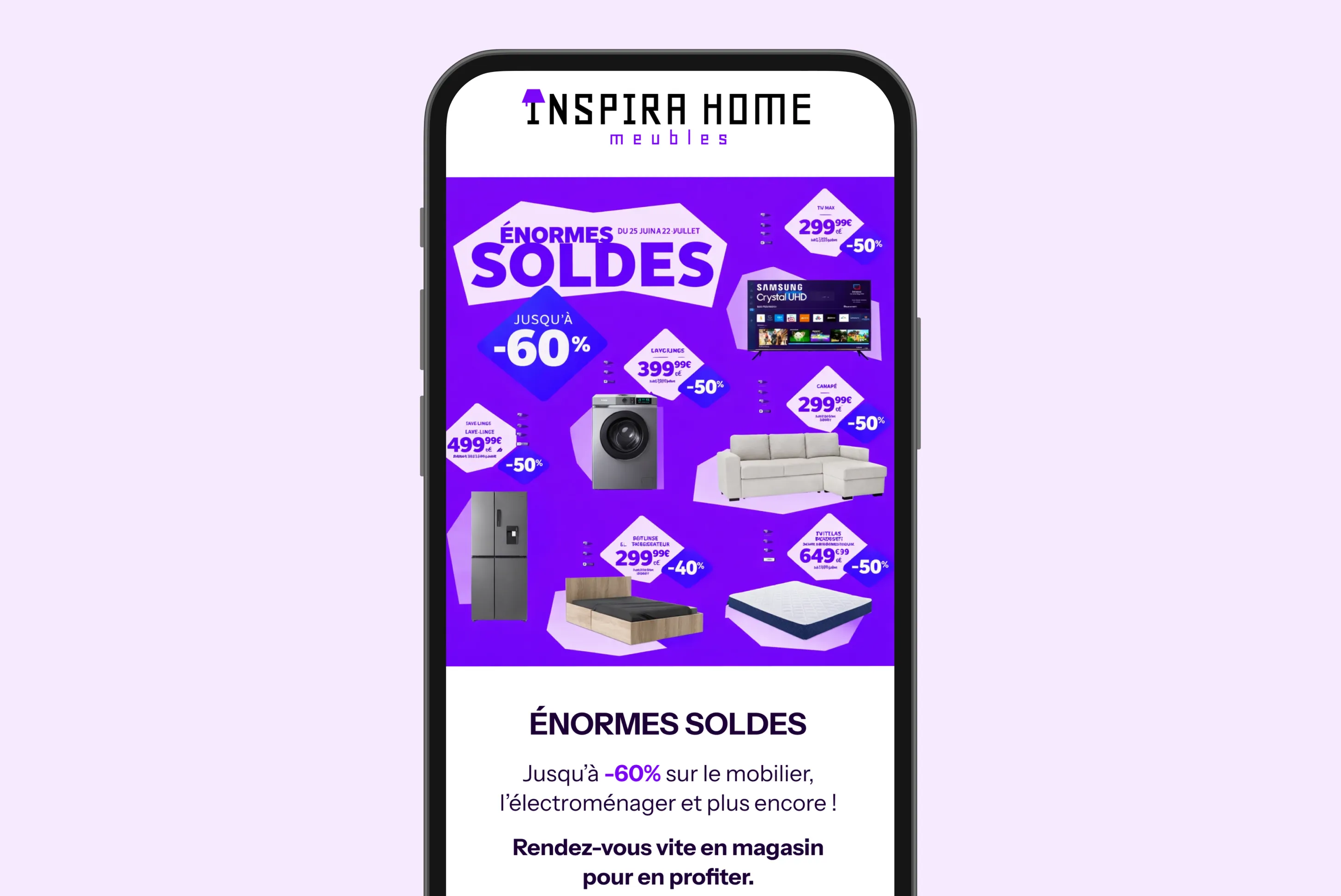 Mobile phone screen showing Inspira Home sales promotion with up to 60% off furniture and appliances, featuring images of a TV, washing machine, sofa, refrigerator, bed, and mattress.
