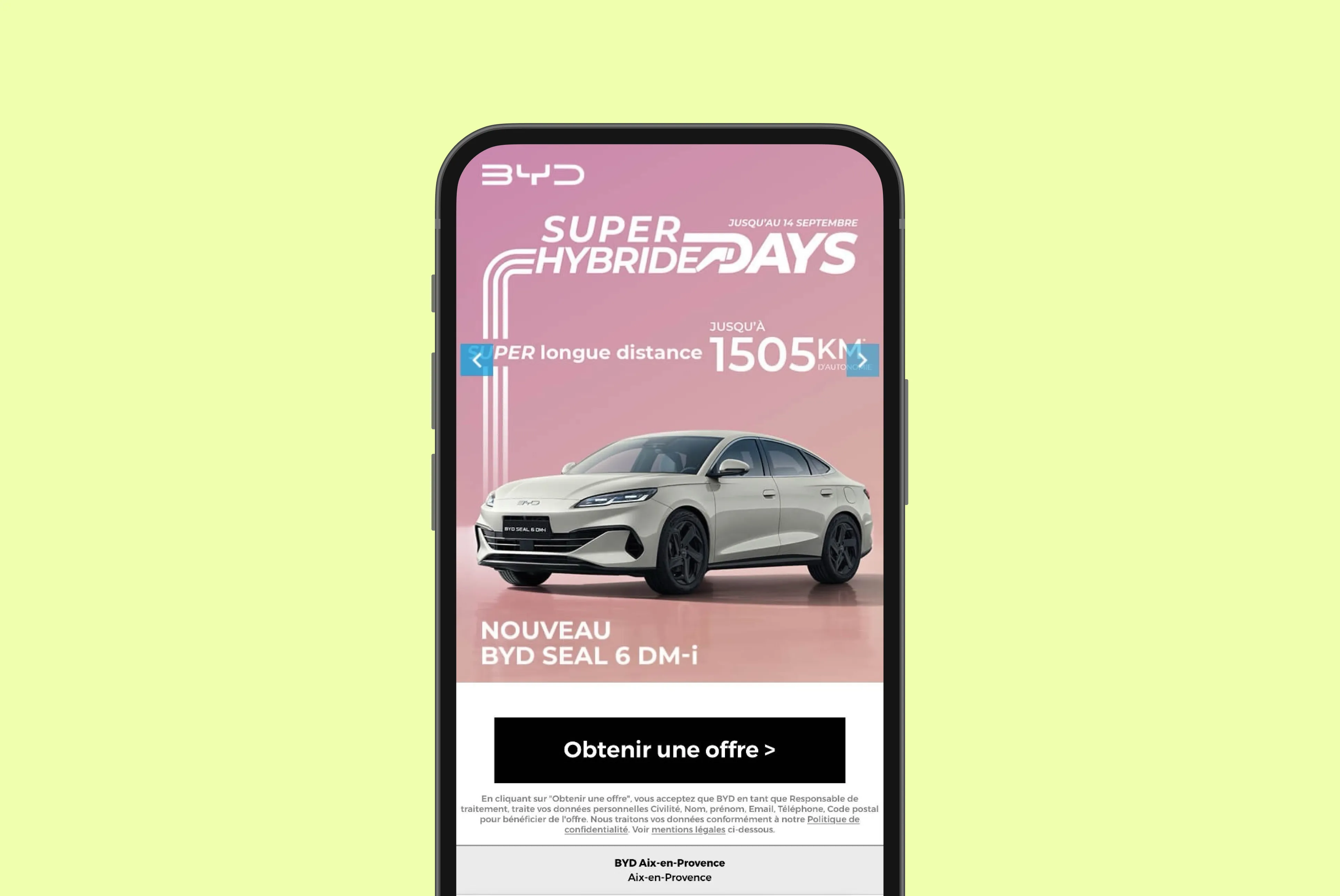 Smartphone screen showing an advertisement for the new BYD Seal 6 DM-i car with up to 1505 km range during Super Hybride Days promotion.
