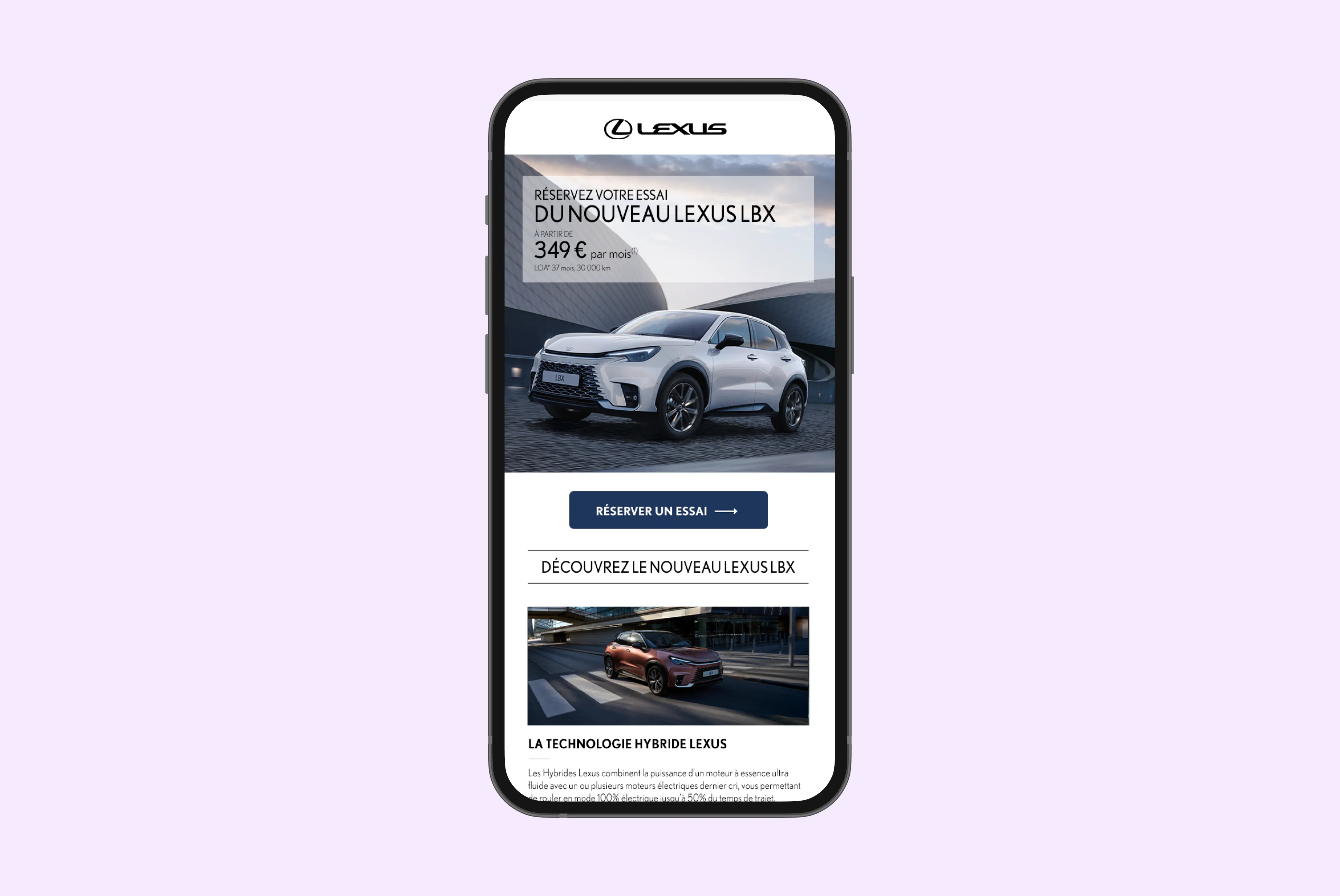 Mobile screen showing a Lexus webpage with a white Lexus LBX car and an offer for test drive starting at 349 euros per month.