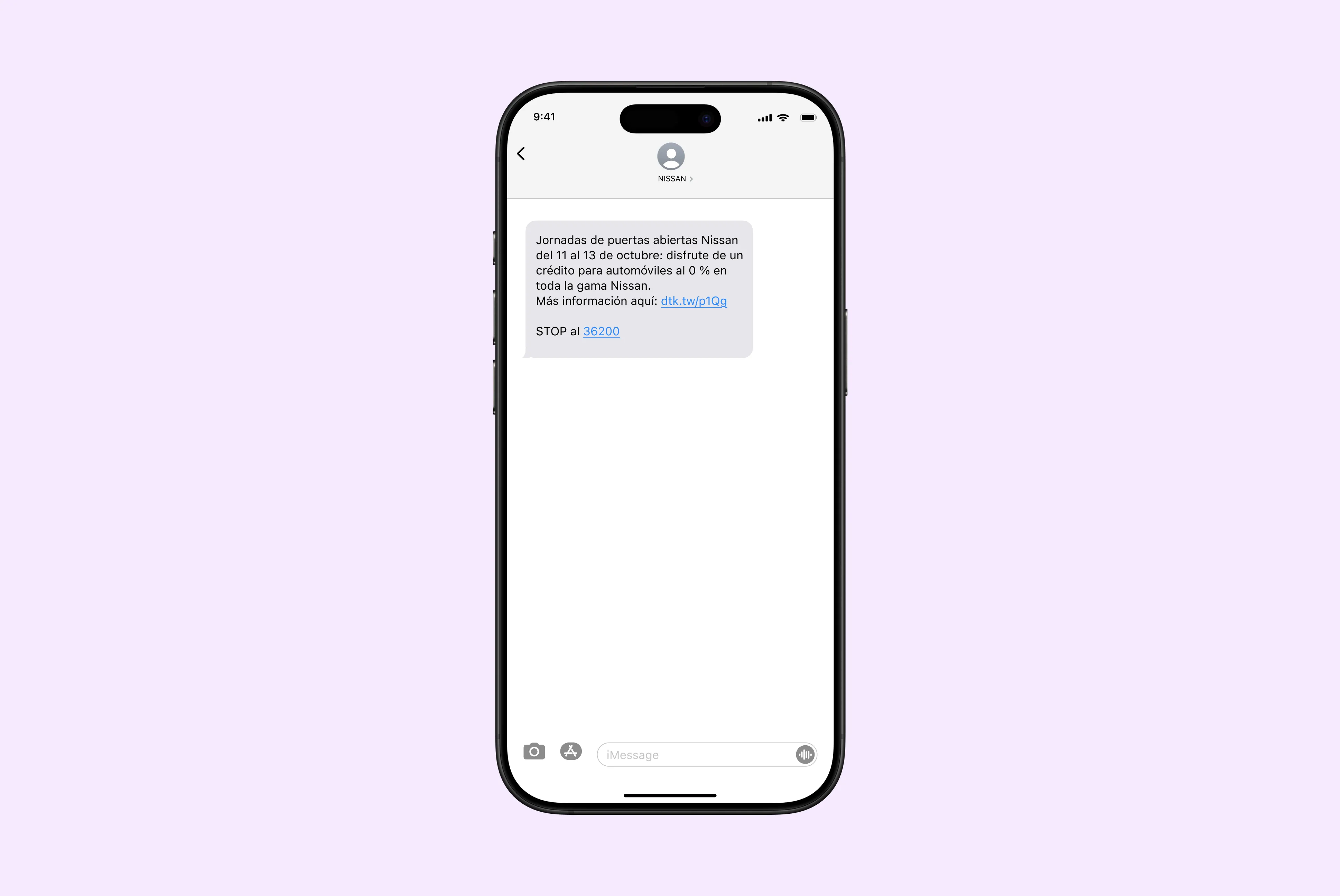 Smartphone screen displaying a text message from Nissan about an open house event from October 11 to 13 offering 0% car credit across the Nissan range with a link and instructions to stop messages.