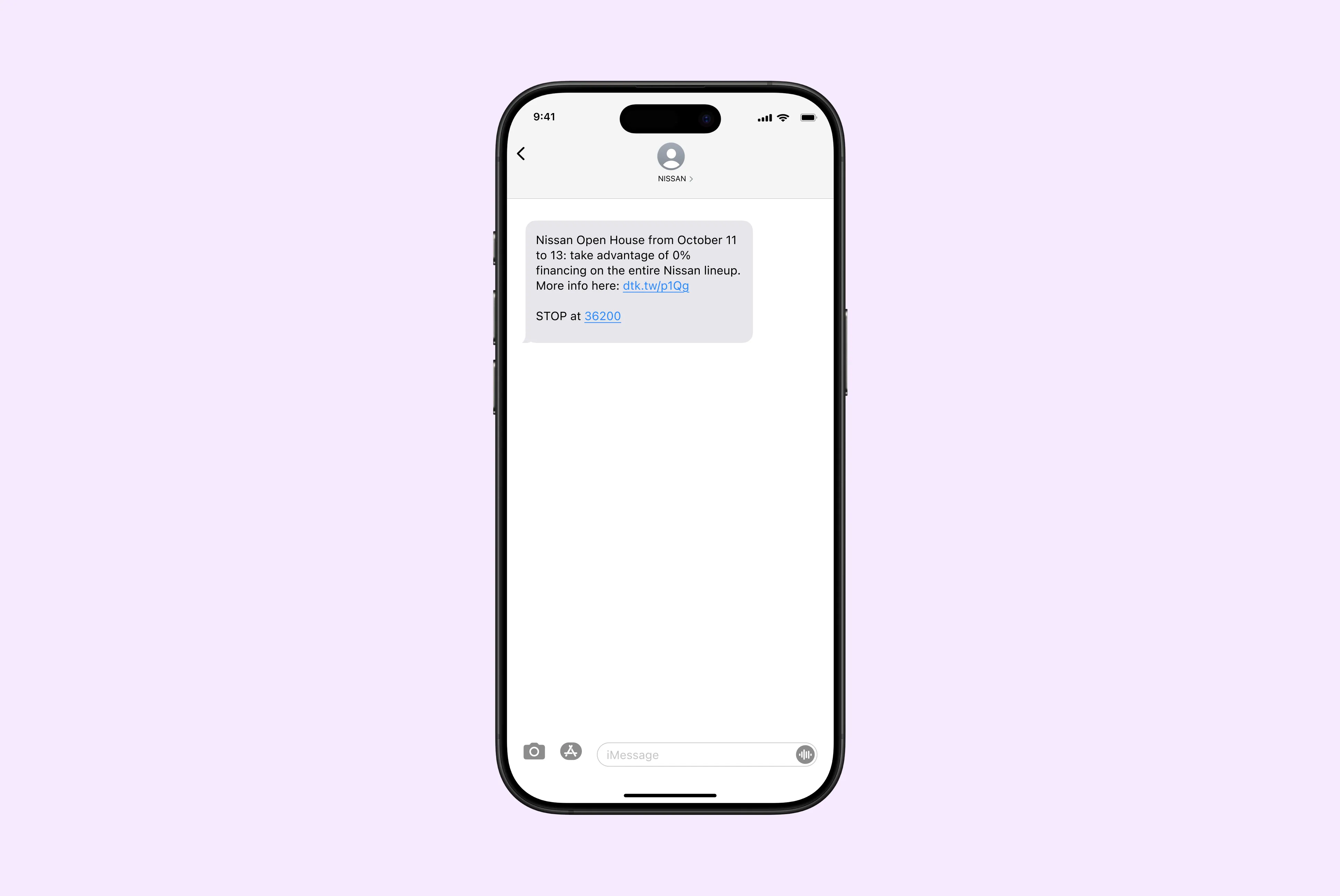 Smartphone screen displaying a text message from Nissan about an Open House event on October 11 to 13 with 0% financing on the entire Nissan lineup, including a link and stop instructions.