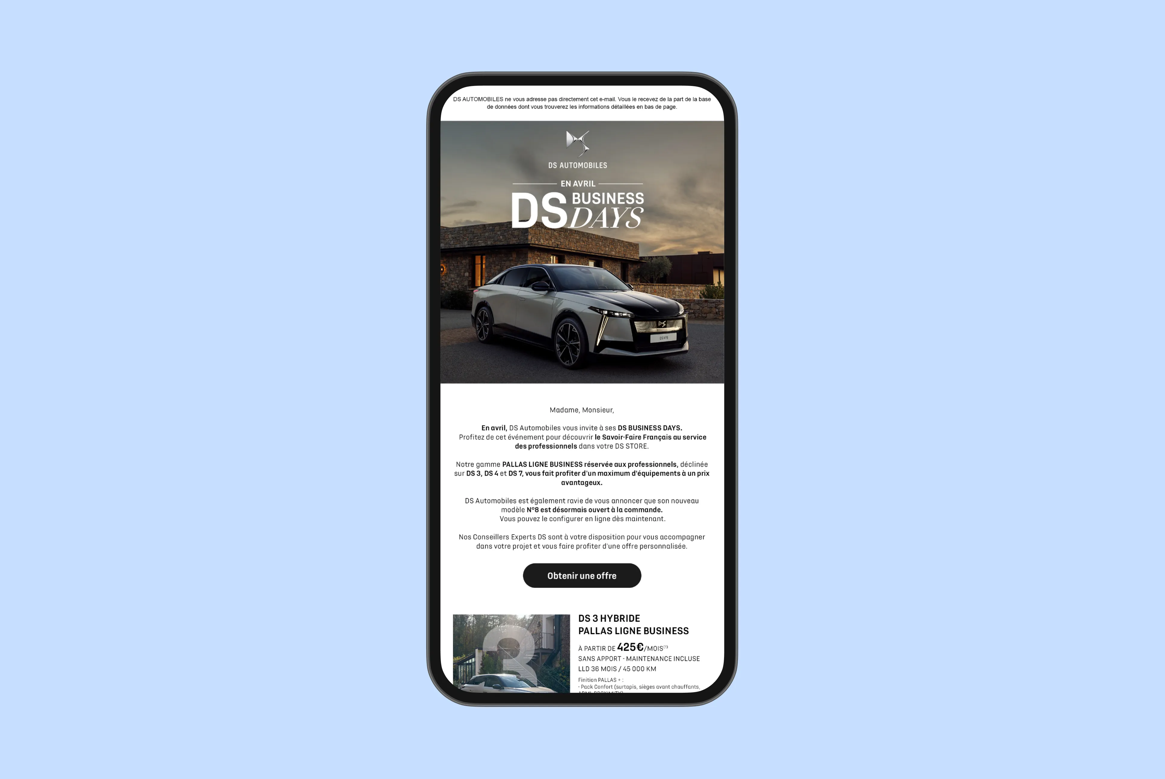 DS Automobiles promotional webpage displayed on a smartphone featuring a black and white DS car with text about DS Business Days and offers for professionals.