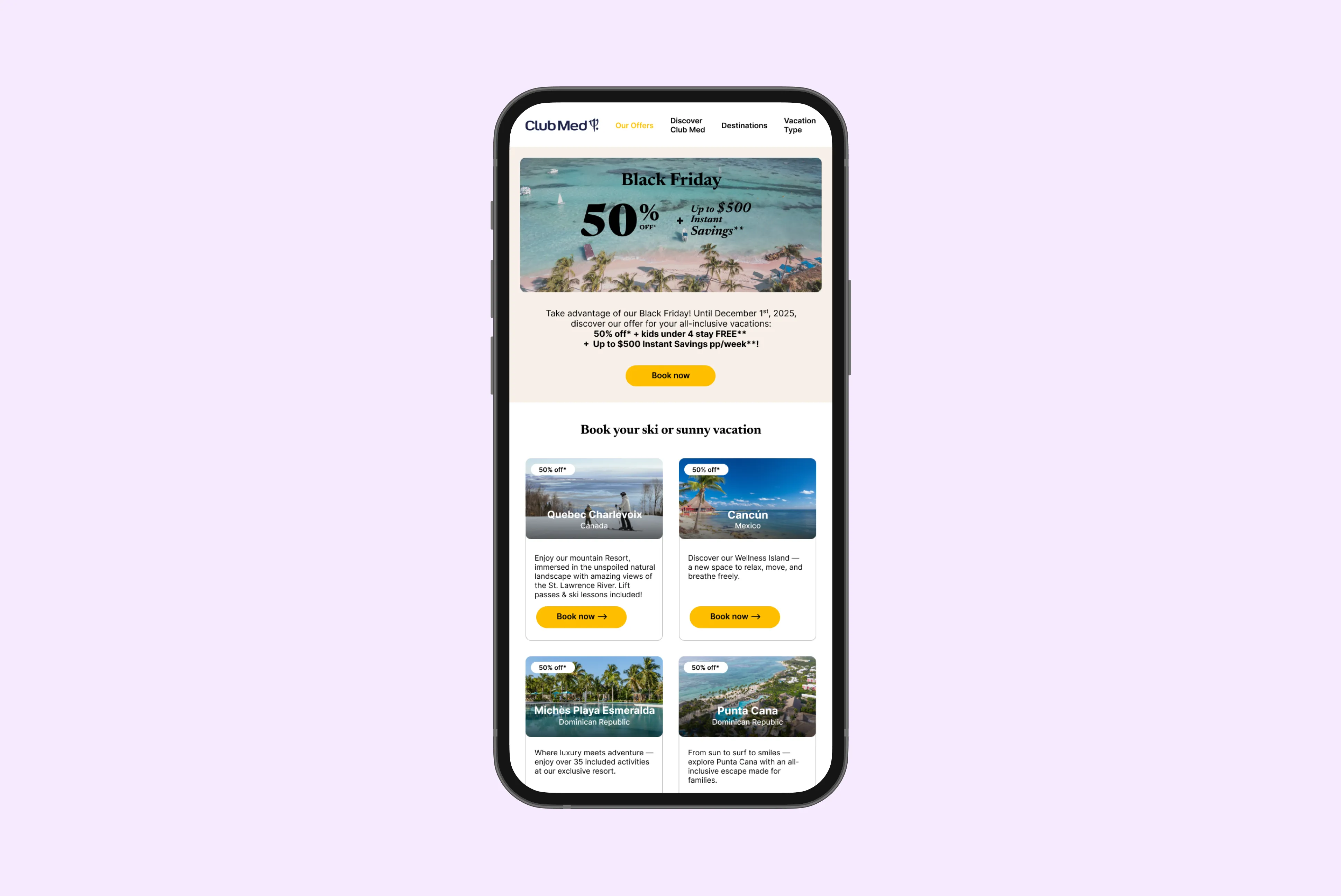 Mobile phone screen showing Club Med Black Friday offer with 50% off and up to $500 instant savings, featuring vacation options in Quebec, Cancun, Miches Playa Esmeralda, and Punta Cana.