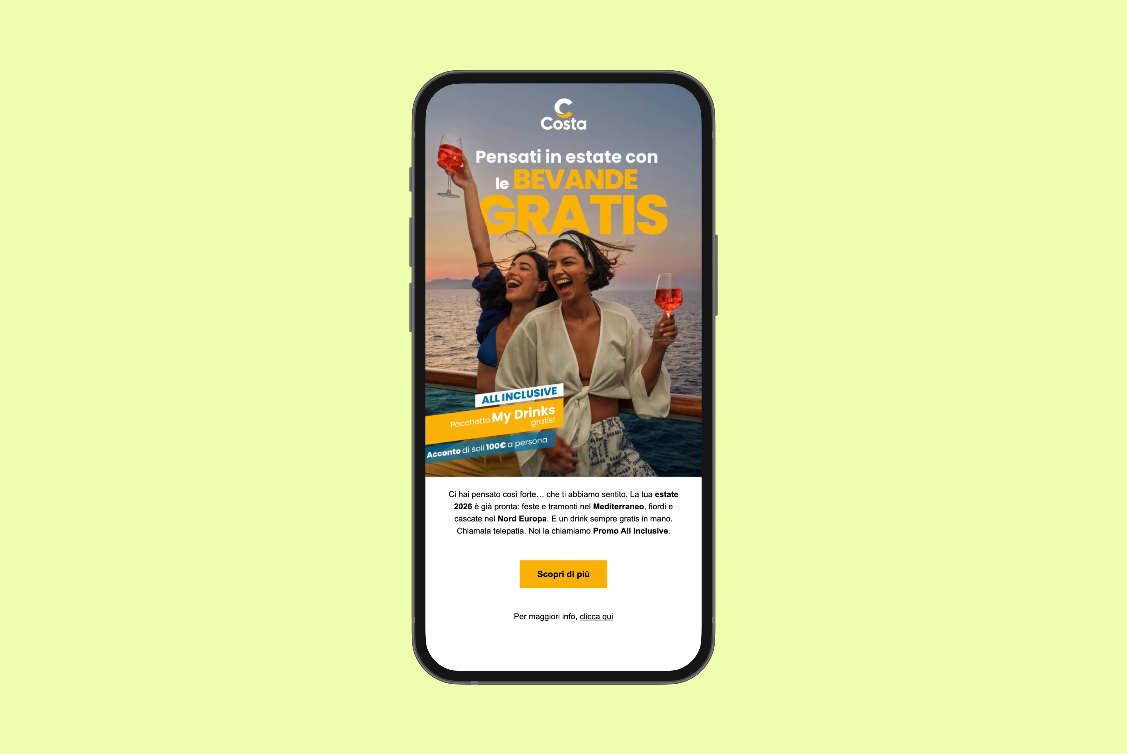 Mobile phone screen showing two smiling women on a boat holding glasses of red drink with a sunset ocean background and Italian text about free drinks in summer.