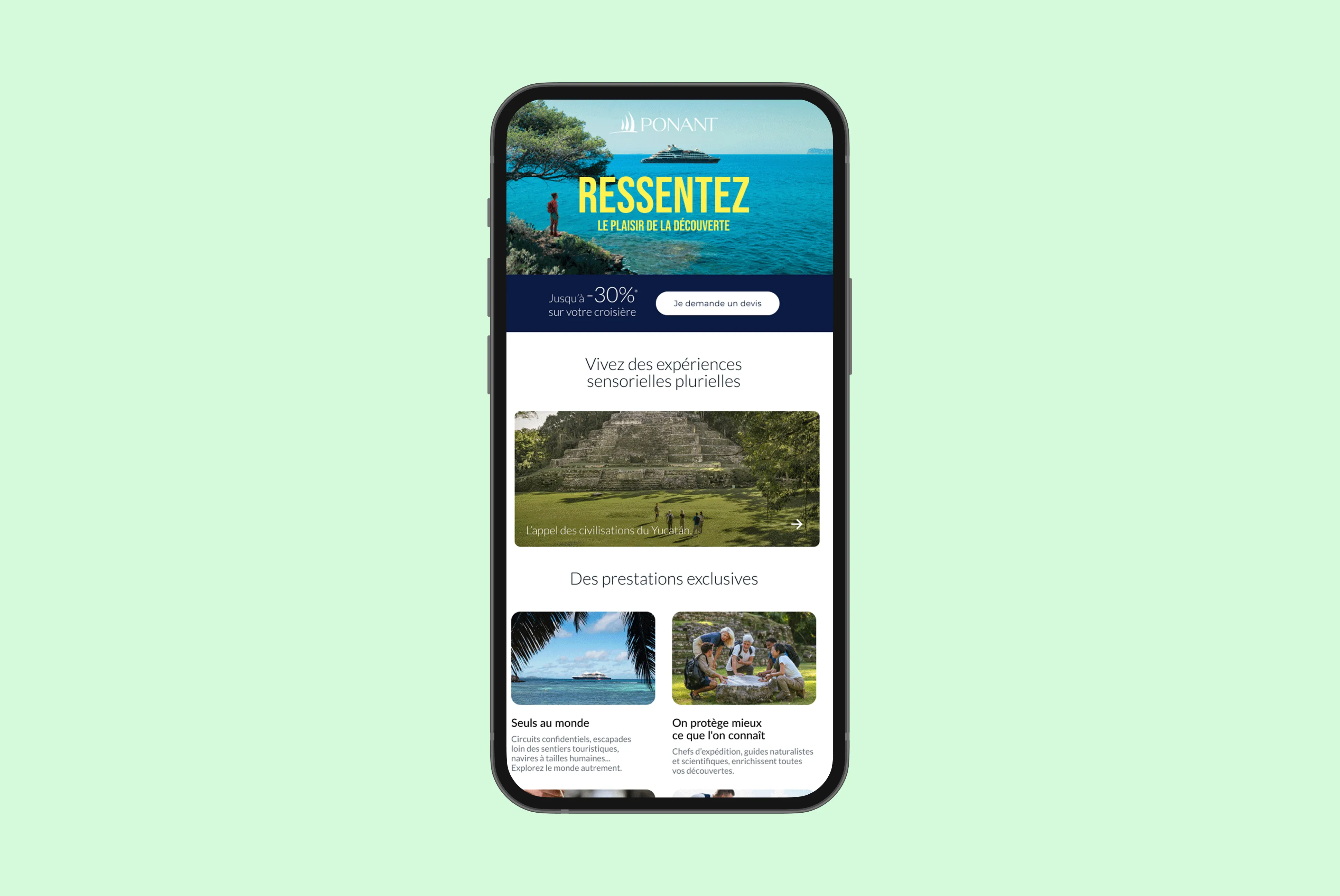 Smartphone screen displaying a Ponant cruise promotional webpage in French, featuring a scenic sea view with a cruise ship, a Mayan pyramid image, and smaller photos of a boat and people exploring outdoors.
