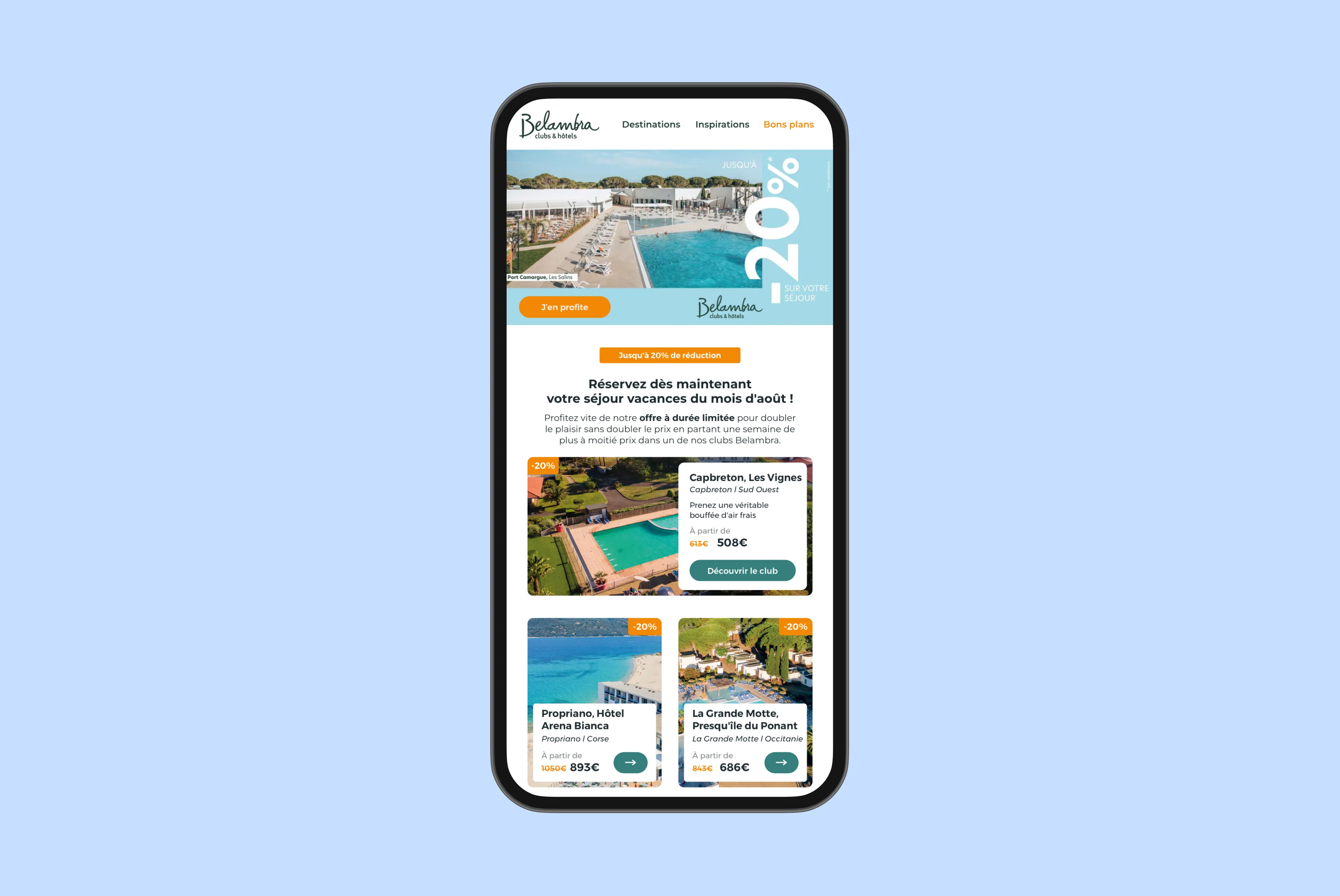 Smartphone screen showing Belambra Clubs & Hotels summer vacation offers with up to 20% discount on stays in three resorts with pool and beach views.