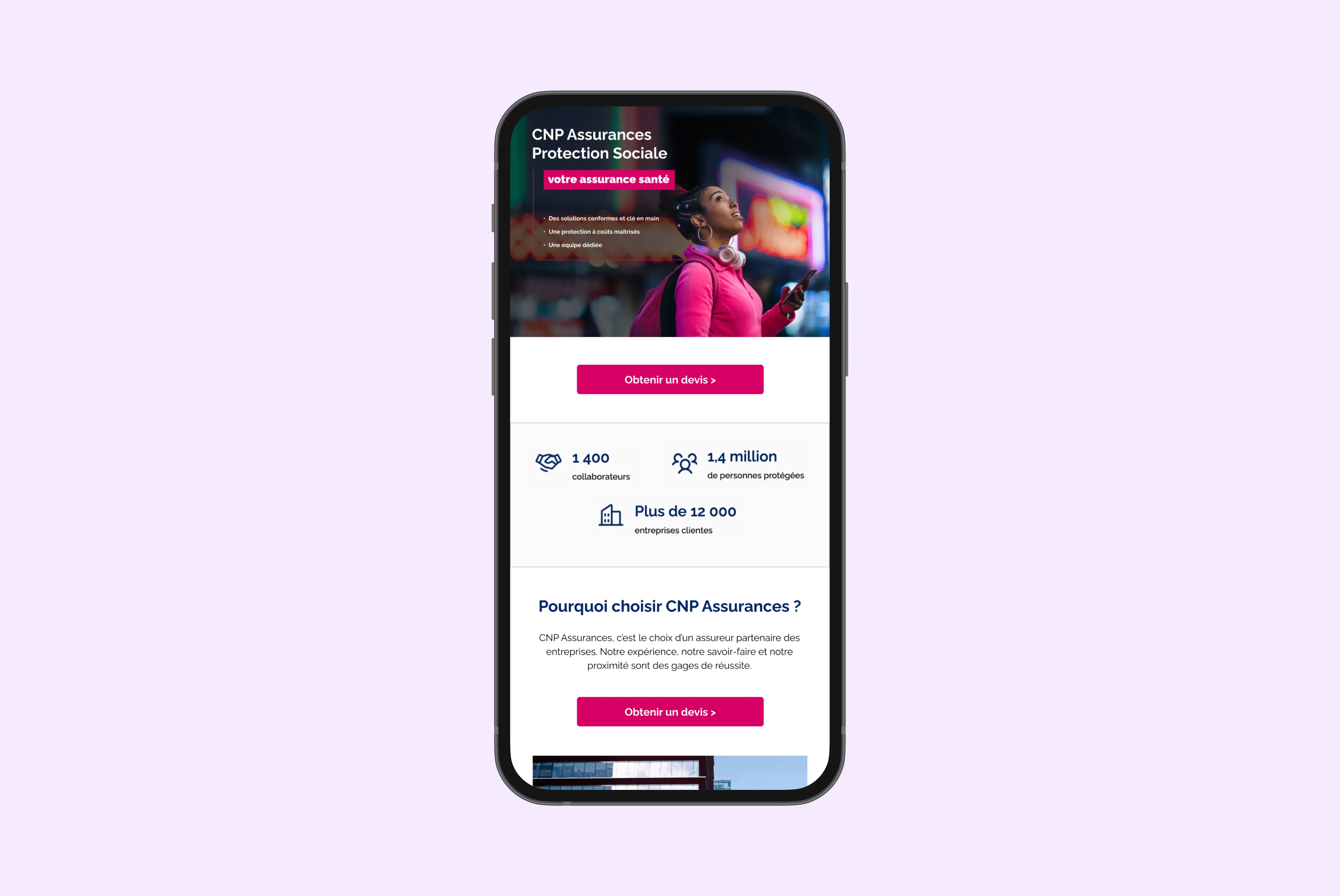 Mobile phone screen showing CNP Assurances health insurance offer with a woman in a pink jacket looking up, and company stats including 1,400 collaborators, 1.4 million protected people, and over 12,000 client companies.