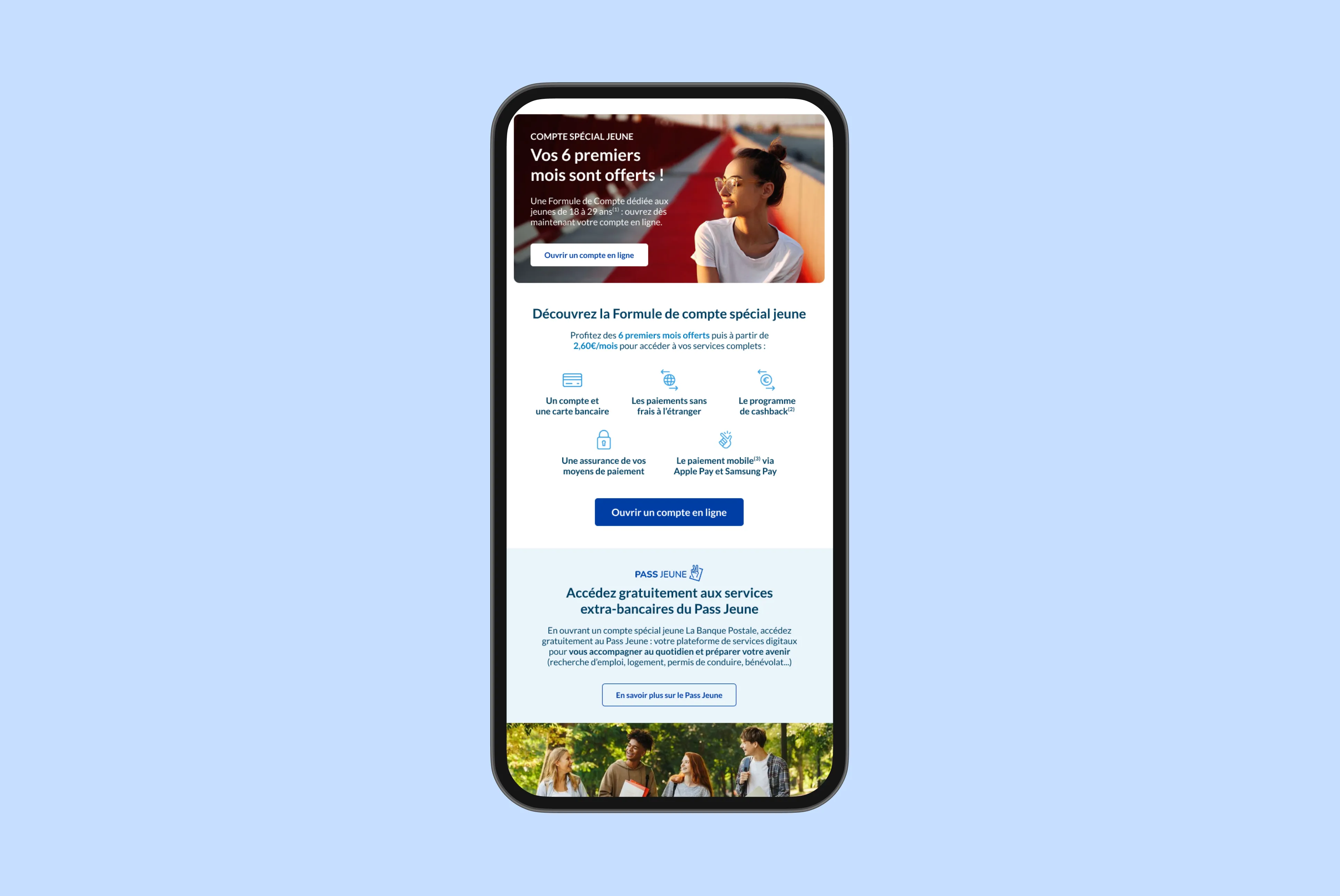 Mobile phone screen displaying a promotional offer for a youth bank account with 6 months free, benefits like cashless payments, cashback, and mobile payments via Apple Pay and Samsung Pay.