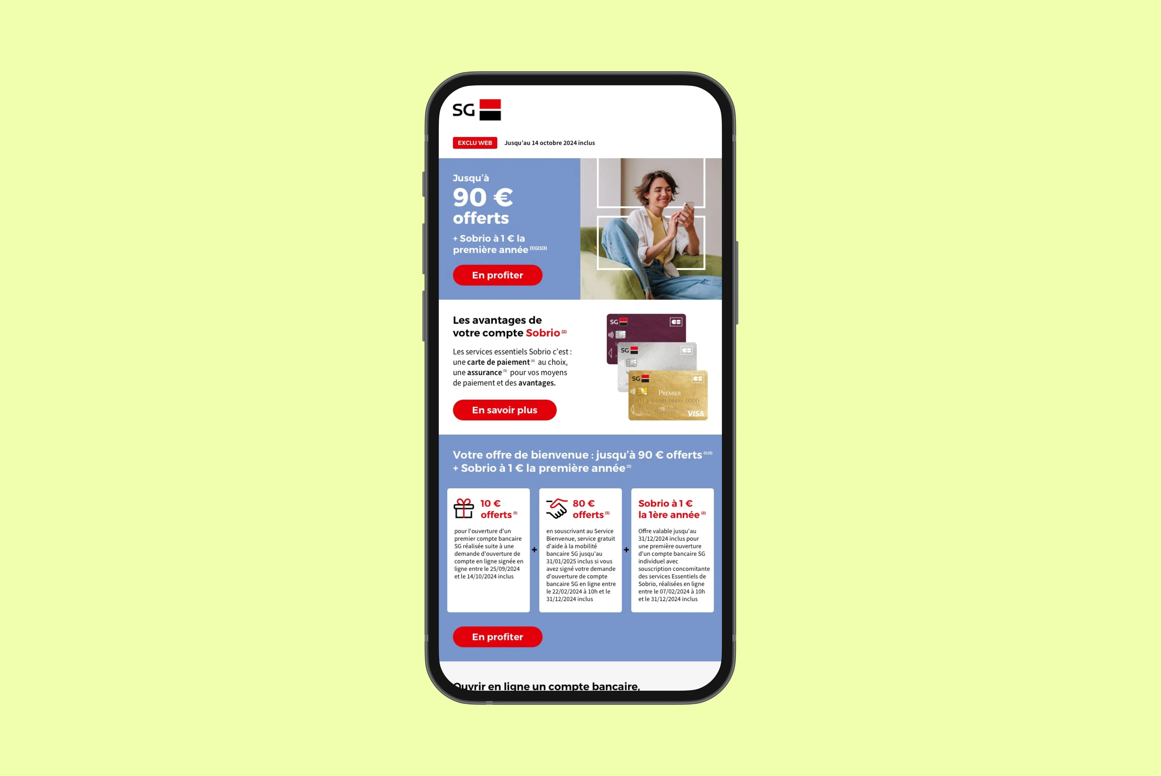 Smartphone display showing a French bank promotion offering up to 90 euros and Sobrio account benefits with images of debit cards and a smiling woman using her phone.